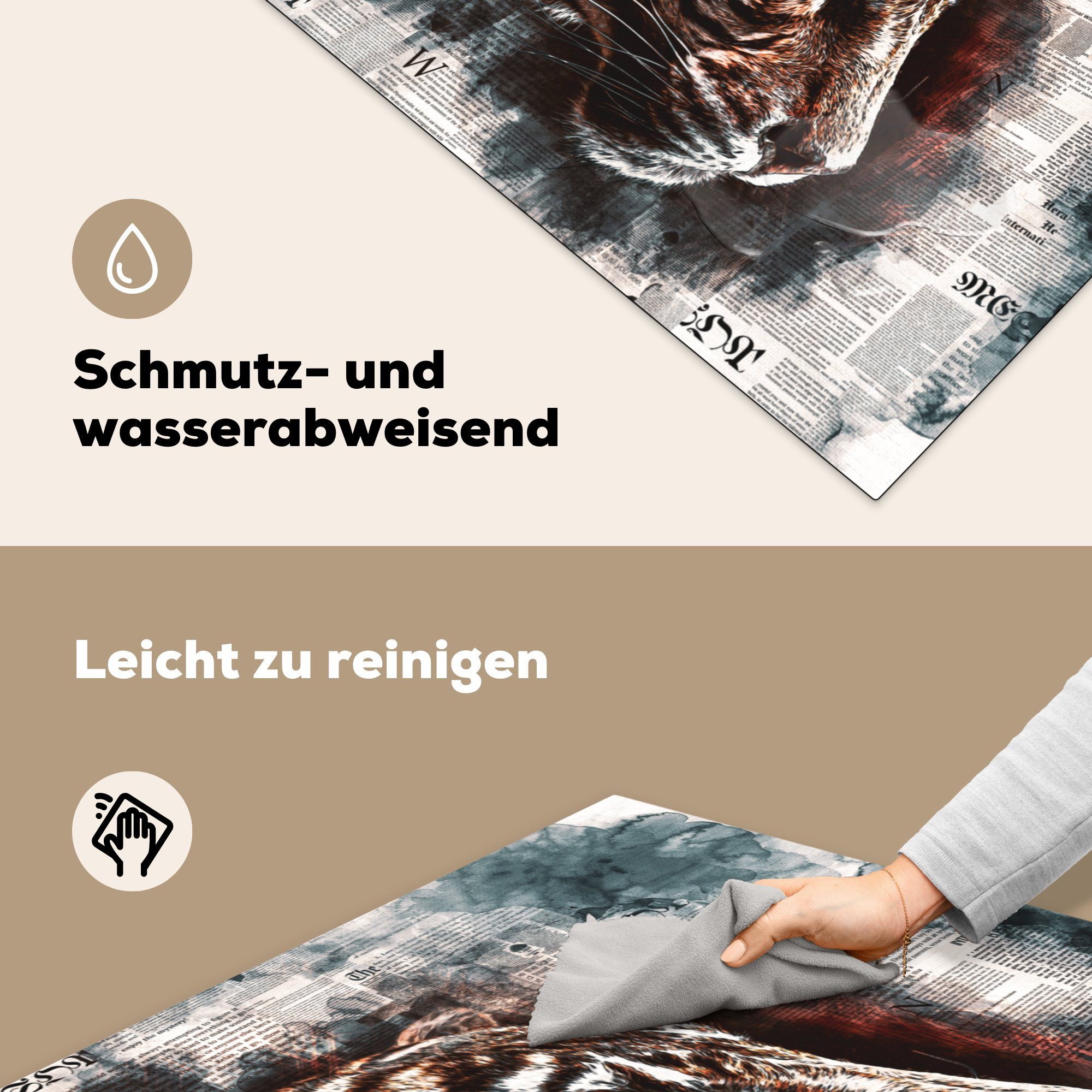 MuchoWow Herdblende-/Abdeckplatte Tiger - küche (1 Ceranfeldabdeckung, 78x78 tlg), cm, Zeitung Arbeitsplatte für - Kunst, Vinyl