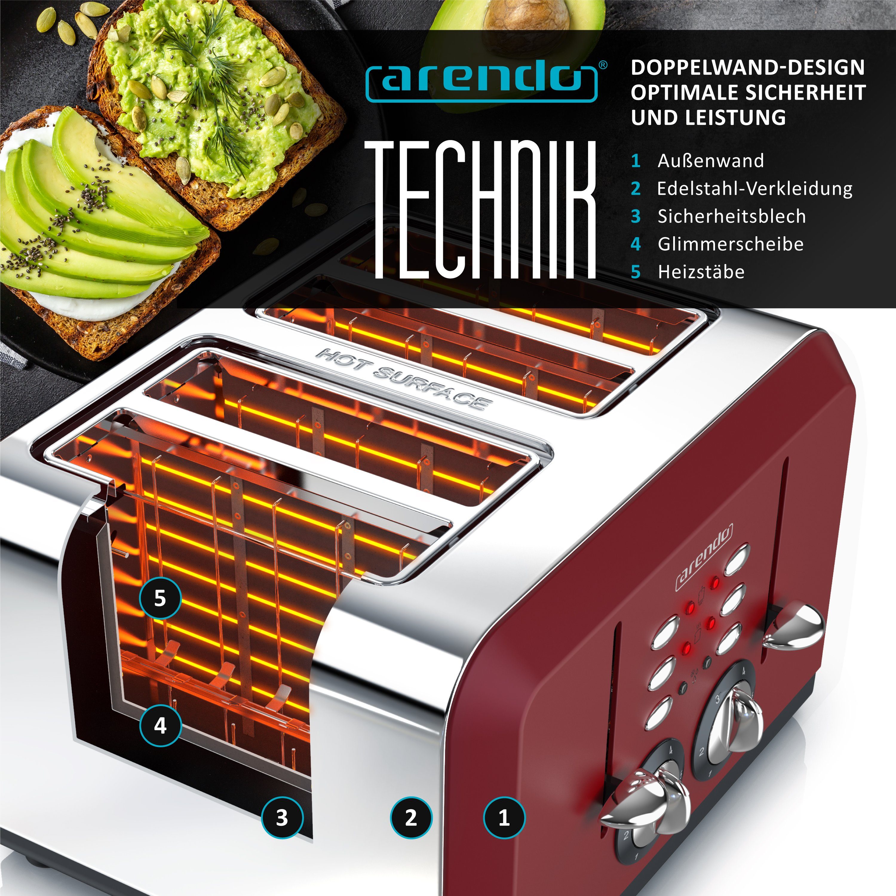 Arendo Toaster 4-Scheiben, Edelstahl Automatik, Wärmeisolierendes Doppelwandgehäuse, 4 kurze Schlitze, für 4 Scheiben, 1630 W, Bräunungsgrad 1-6, Aufwärm- & Auftaufunktion, GS-zertifiziert