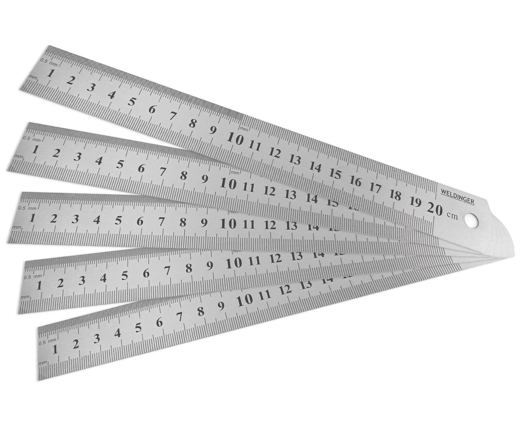 WELDINGER Lineal Edelstahllineal 200 mm lang 5er-Pack metrisch Einteilung 0,5 mm, 0,5 mm- Einteilung von 0-10 cm, 1 mm-Einteilung von 10-20 cm