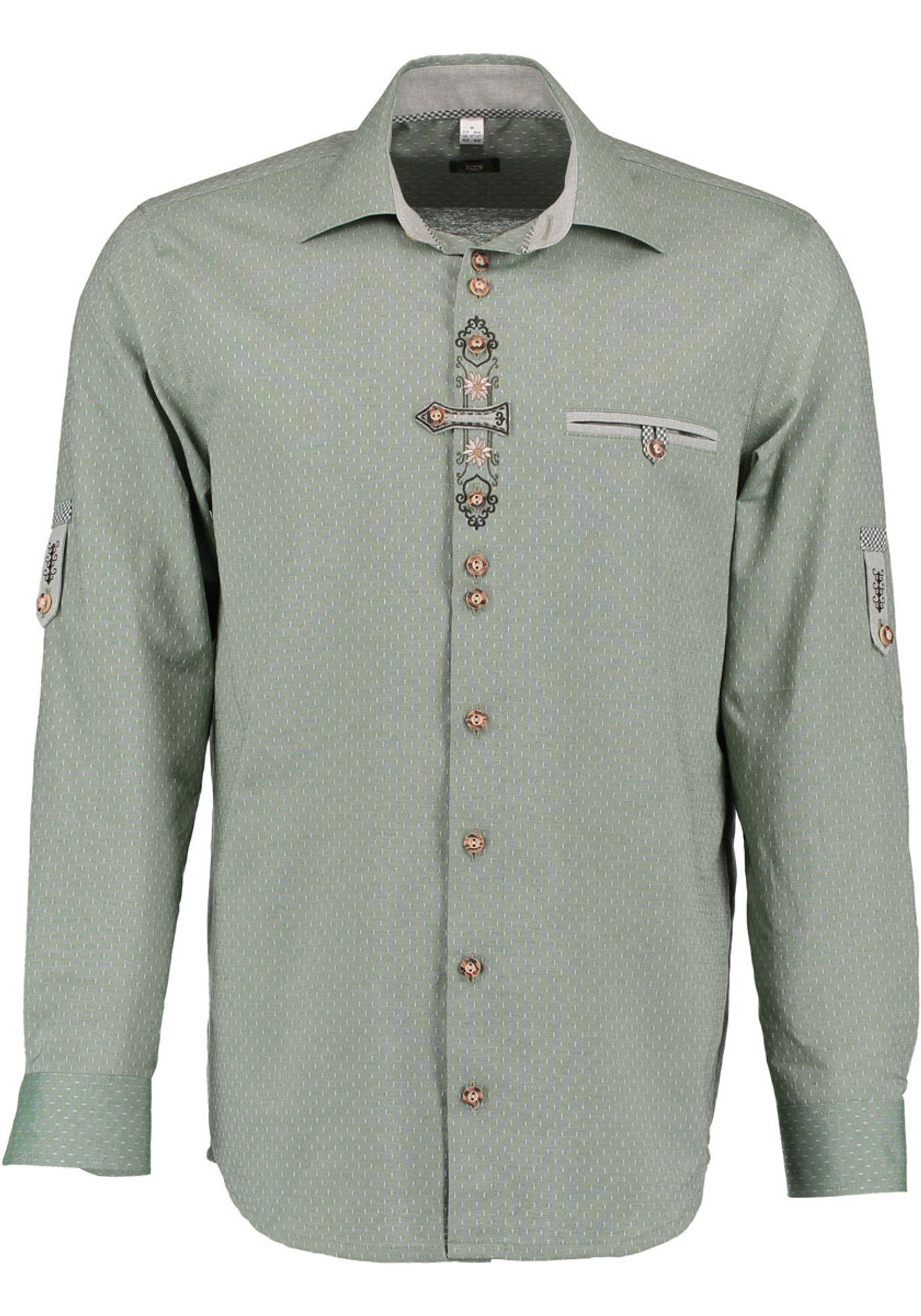 OS-Trachten Trachtenhemd Olore Langarmhemd mit Edelweiß-Stickerei auf der Knopfleiste khaki/schlamm