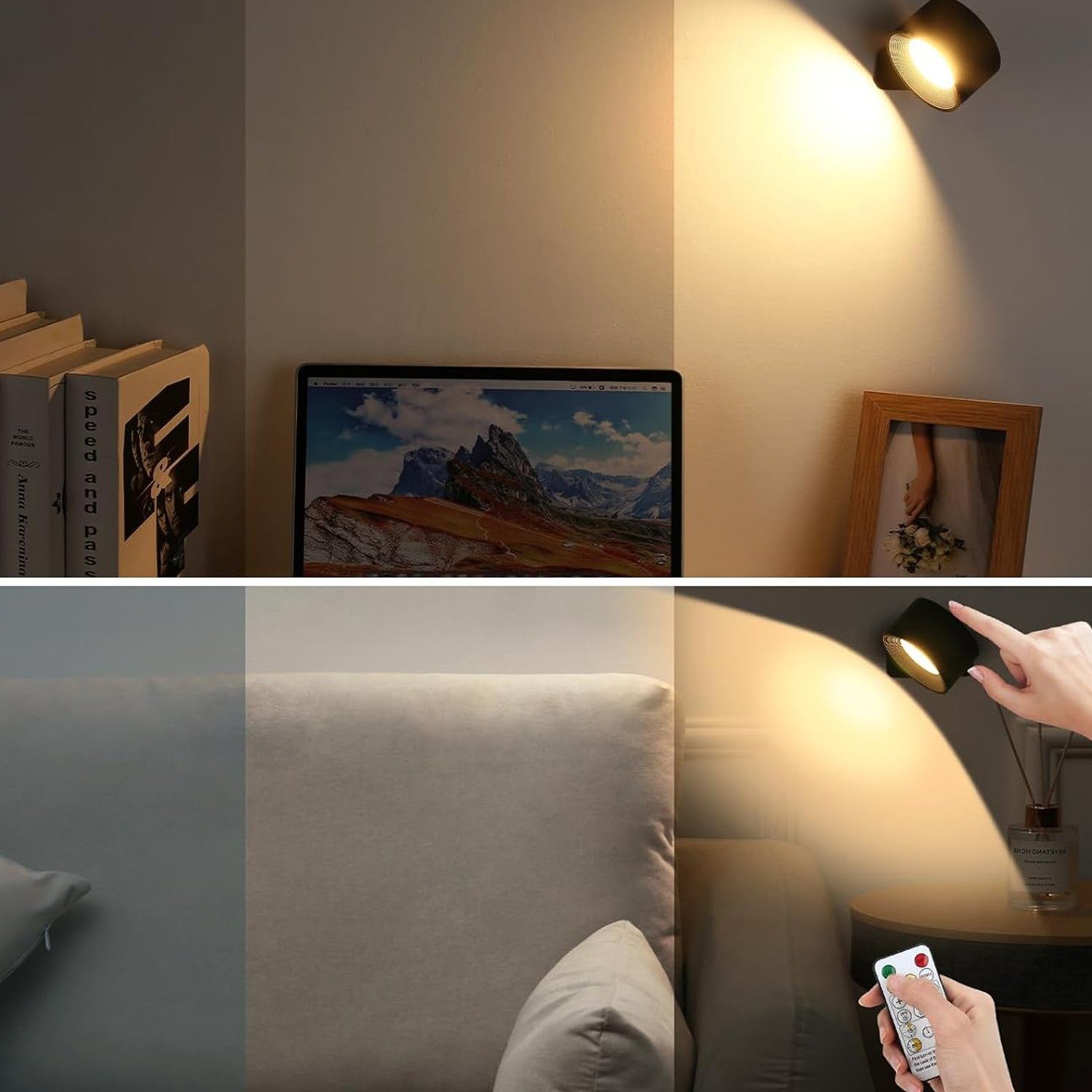 AKKEE Wandleuchte LED Wandleuchte 3 LED mit Treppenhaus Fernbedienung, für Wandlampe integriert, Wohnzimmer 360° Control Dimmbar Touch drehbar wandleuchten kabellose fest Innen Akku Wandlicht, Warmweiß, Farbtemperaturen