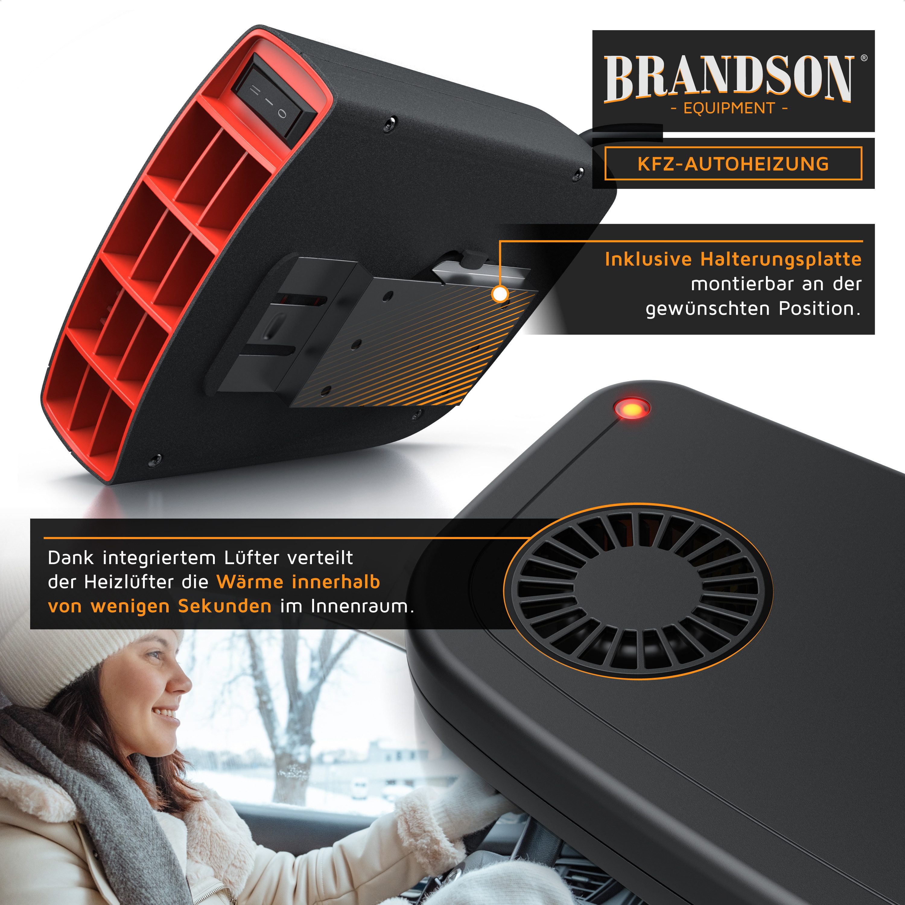 Brandson Heizlüfter 1450 W Innenraumheizung, mobile Auto Heizung, PKW Entfroster, 2050 W, Mit automatischem Überhitzungsschutz und 2 Heizlevel, IP20