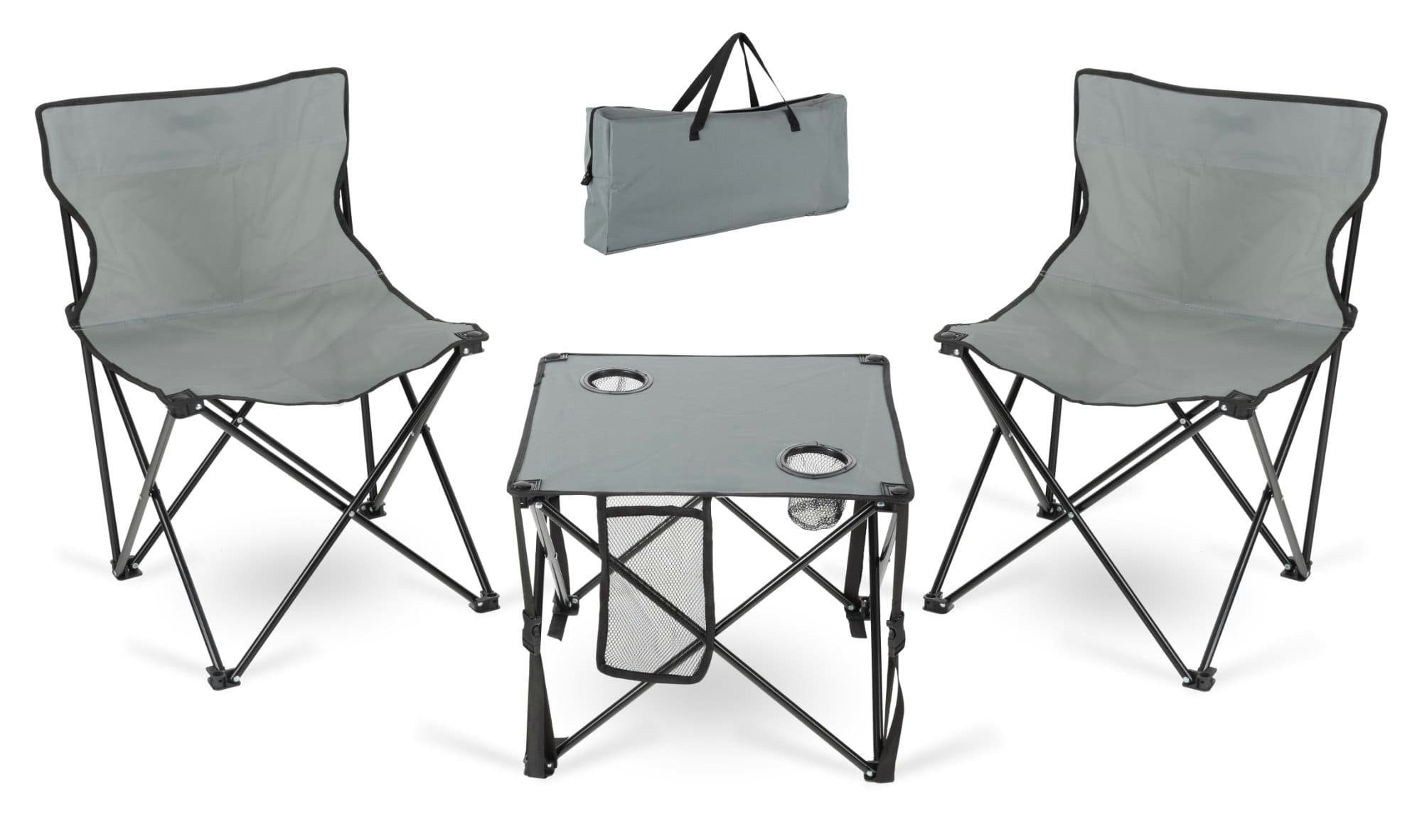 Stagecaptain Campingtisch CS-4547 GY Campingtisch-Set (Set, 3-St., mit 2 faltbaren Campingstühlen, Tragetasche inklusive), Klapptisch mit Getränkehalter und Seitentasche