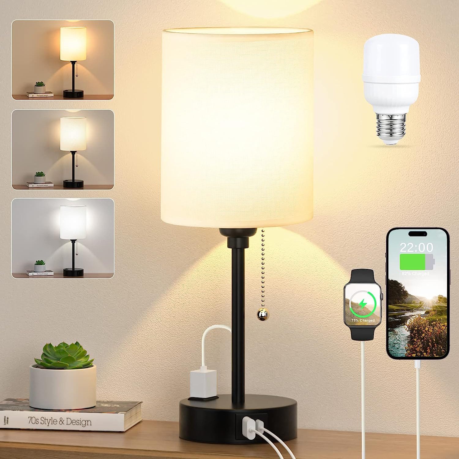 Lapalife Nachttischlampe 3 Farbtemperaturen Tischlampe mit USB A und C, Reißverschlussschalter, Mit LED Birne Kleine Lampen für Nachttisch Wohnzimmer Schlafzimmer