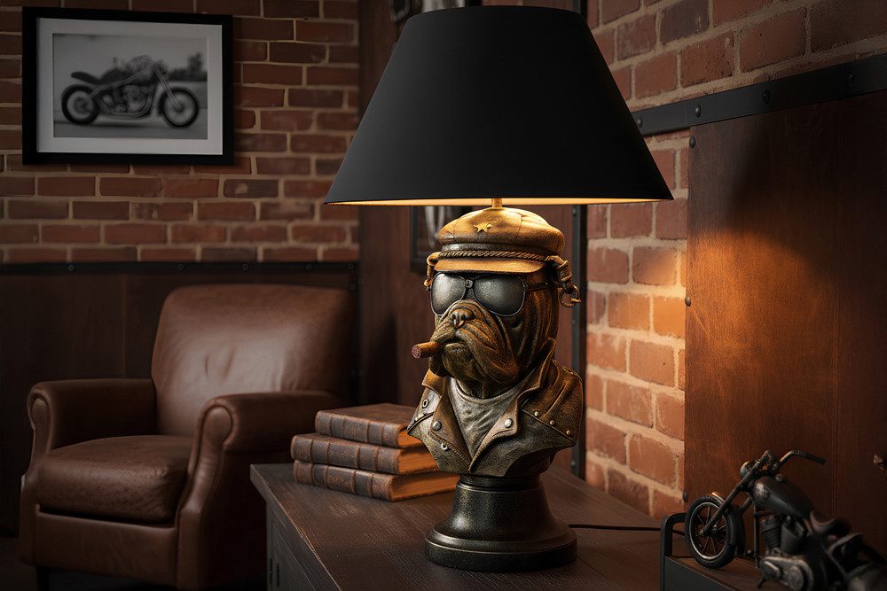 riess-ambiente Tischleuchte BULLDOG 55cm bronze/schwarz - Polyresin, Stoffschirm, Hunde-Skulptur, Ein-/Ausschalter, ohne Leuchtmittel, Extravagante Tierlampe - ideal auf Sideboard, Nachttisch oder Kommode