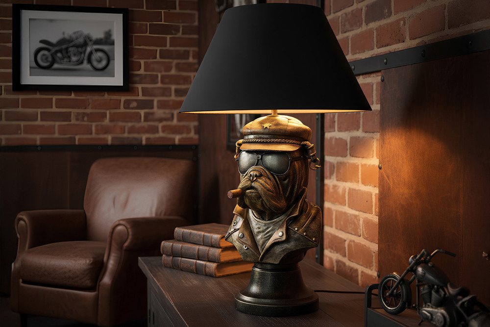 riess-ambiente Tischleuchte BULLDOG 55cm bronze/schwarz - Polyresin, Stoffschirm, Hunde-Skulptur, Ein-/Ausschalter, ohne Leuchtmittel, Extravagante Tierlampe - ideal auf Sideboard, Nachttisch oder Kommode