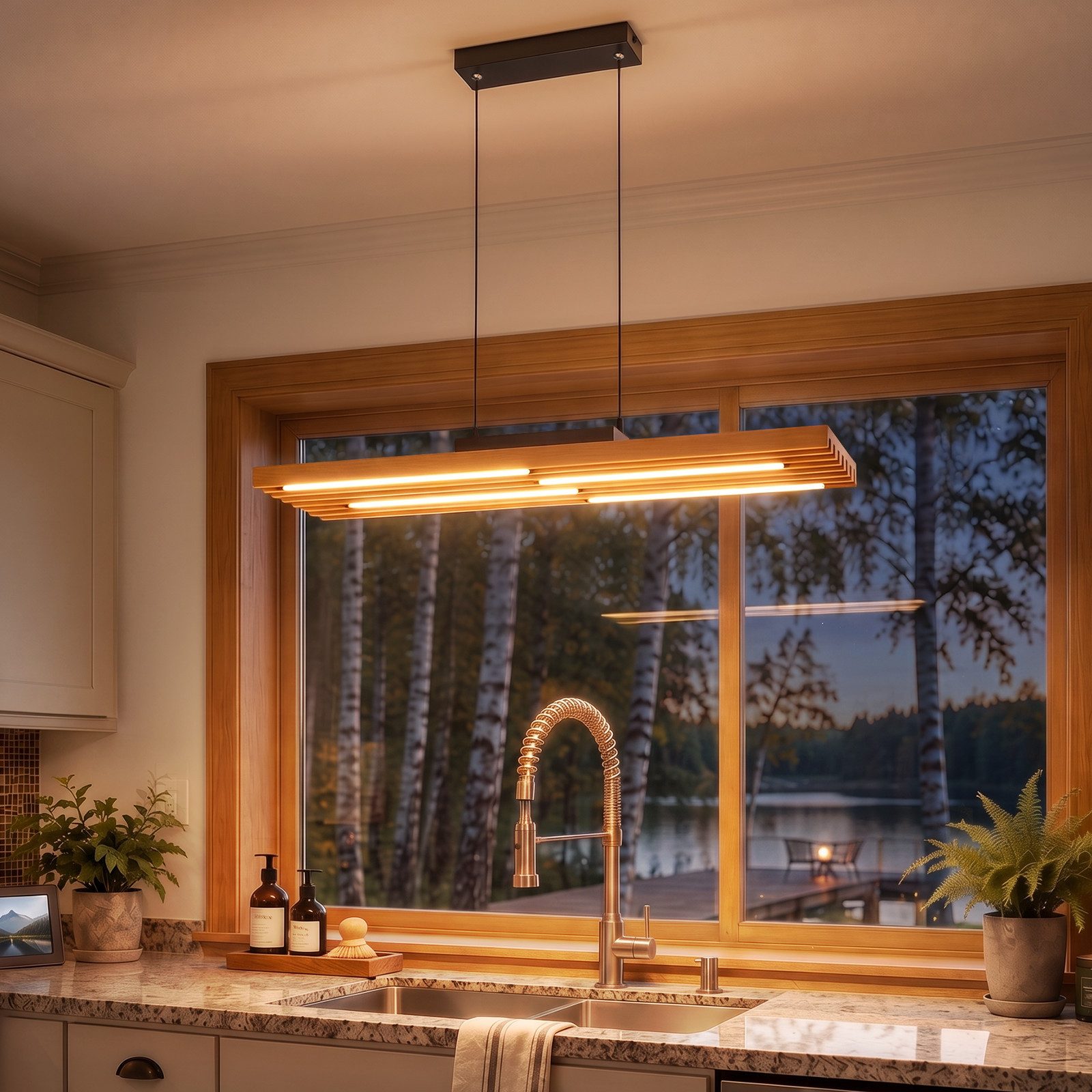 ZMH LED Pendelleuchte Modernes Holz 33W, dimmbar und farblich verstellbar per Fernbedienung, LED fest integriert, höhenverstellbar mit Speicherfunktion Nachtlic – Bild 2 von 5