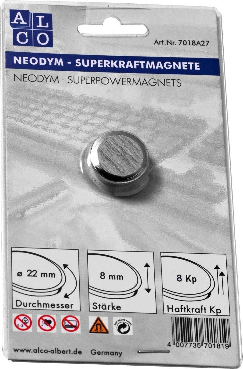 ALCO Magnet Superkraftmagnet Neodym Neodym (Nd) 22mm TG 8000 g silber gebürstet