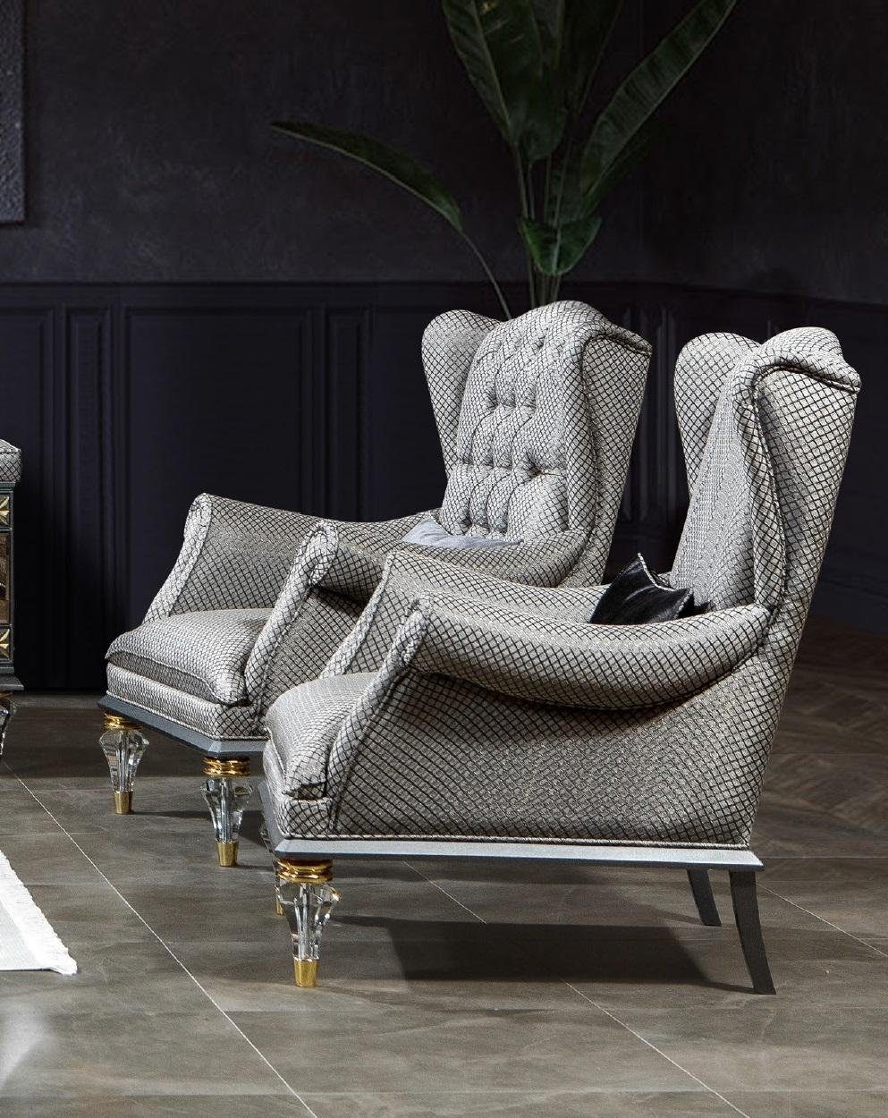 1 JVmoebel Grau Sitzer Sessel Made in (Sessel), Europe Wohnzimmer Stoff Barock Chesterfield Sessel