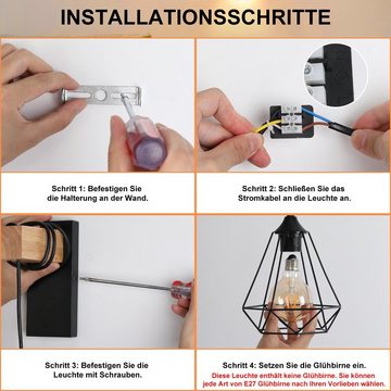 LETGOSPT Wandleuchte Wandleuchte Innen, Retro Lampe aus Stahl und Holz, E27, LED wechselbar, Warmweiß, Wandleuchte Innen, E27 Fassung Höhenverstellbar Industrial Pendellampe