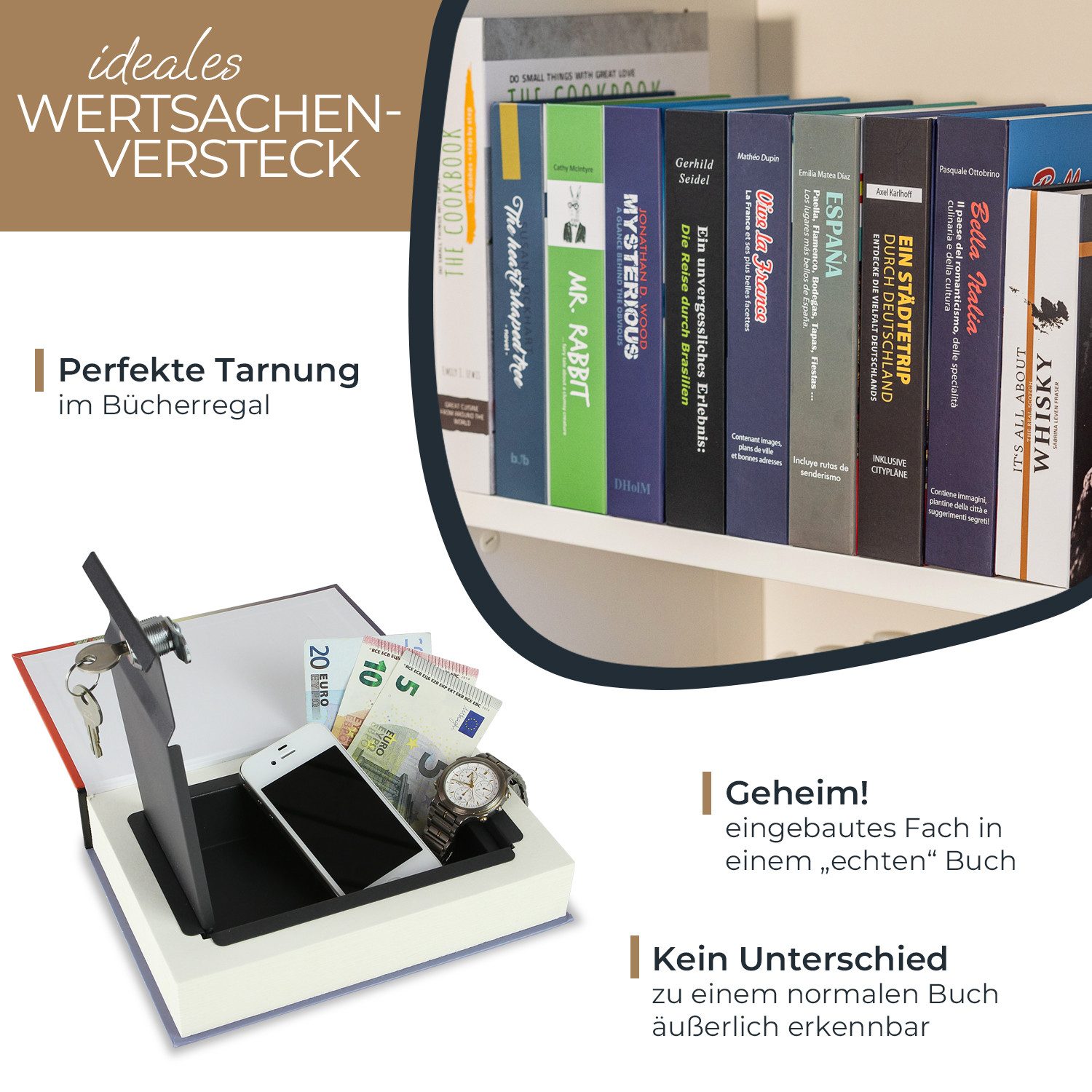 HMF Buchtresor getarnter Buchsafe für zuhause, innovatives Geheimversteck für Wertsachen, 23 x 15 x 4 cm