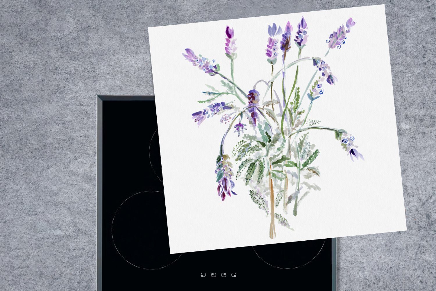 tlg), (1 Aquarell MuchoWow - küche Lavendel, für Arbeitsplatte Ceranfeldabdeckung, 78x78 Herdblende-/Abdeckplatte cm, Blumen - Vinyl,
