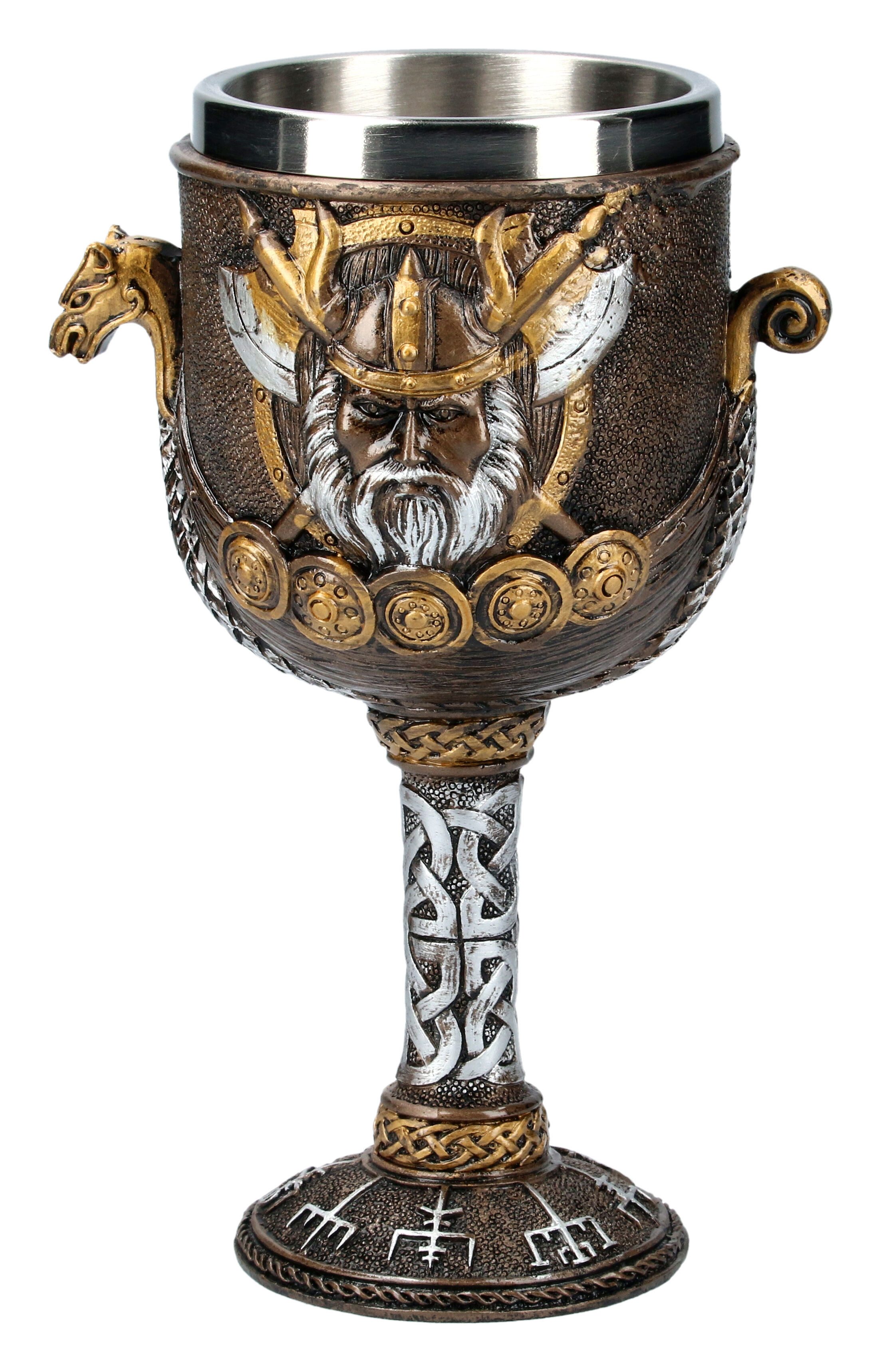 Figuren Shop GmbH Becher Kelch - Wikinger mit Schiff - Fantasy Götter Deko, Kunststein (Polyresin), Edelstahl