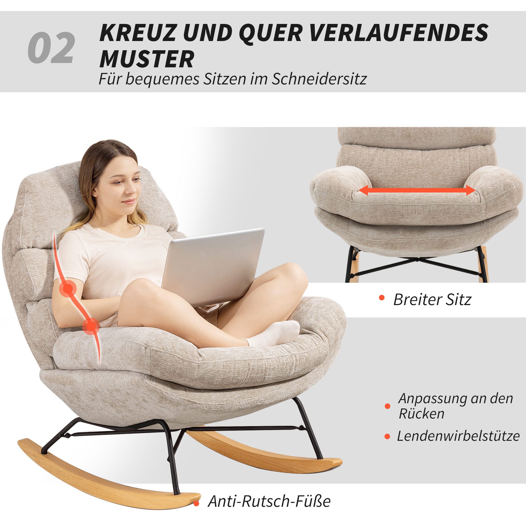 HOMCOM Schaukelstuhl Schaukelsessel mit Rückenlehne, Gepolstert Relaxsessel Lesesessel (Set, 1 St), Schneidersitz-Design, 105° Schaukelbewegung – Bild 5 von 5