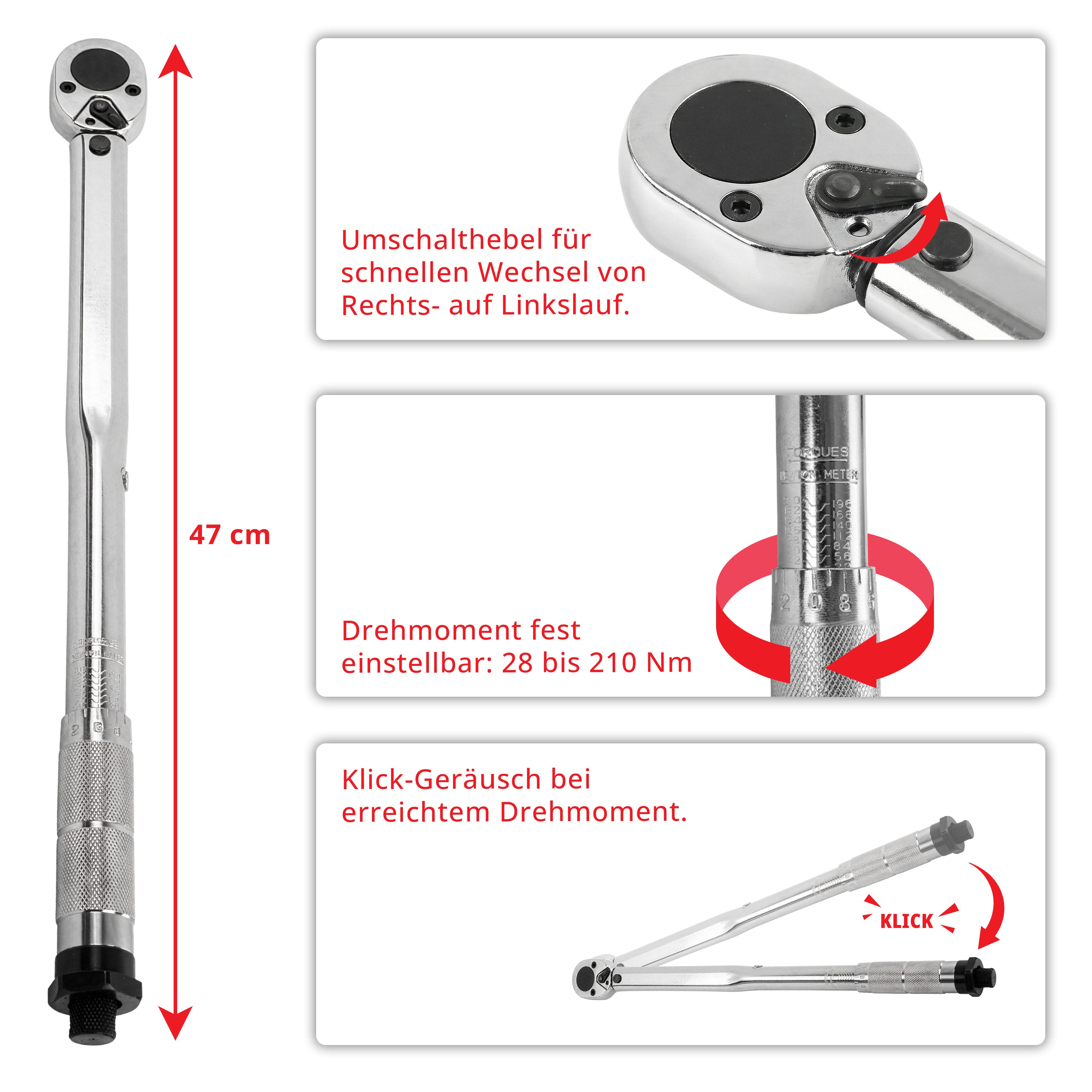Grafner Drehmomentschlüssel Drehmomentschlüssel 28-210Nm 1/2" Zoll Set 17 - 21 mm DM10931 (Set, 6), 28 bis 210 Nm, 3 Steck-Aufsätzen (17, 19 & 21 mm)