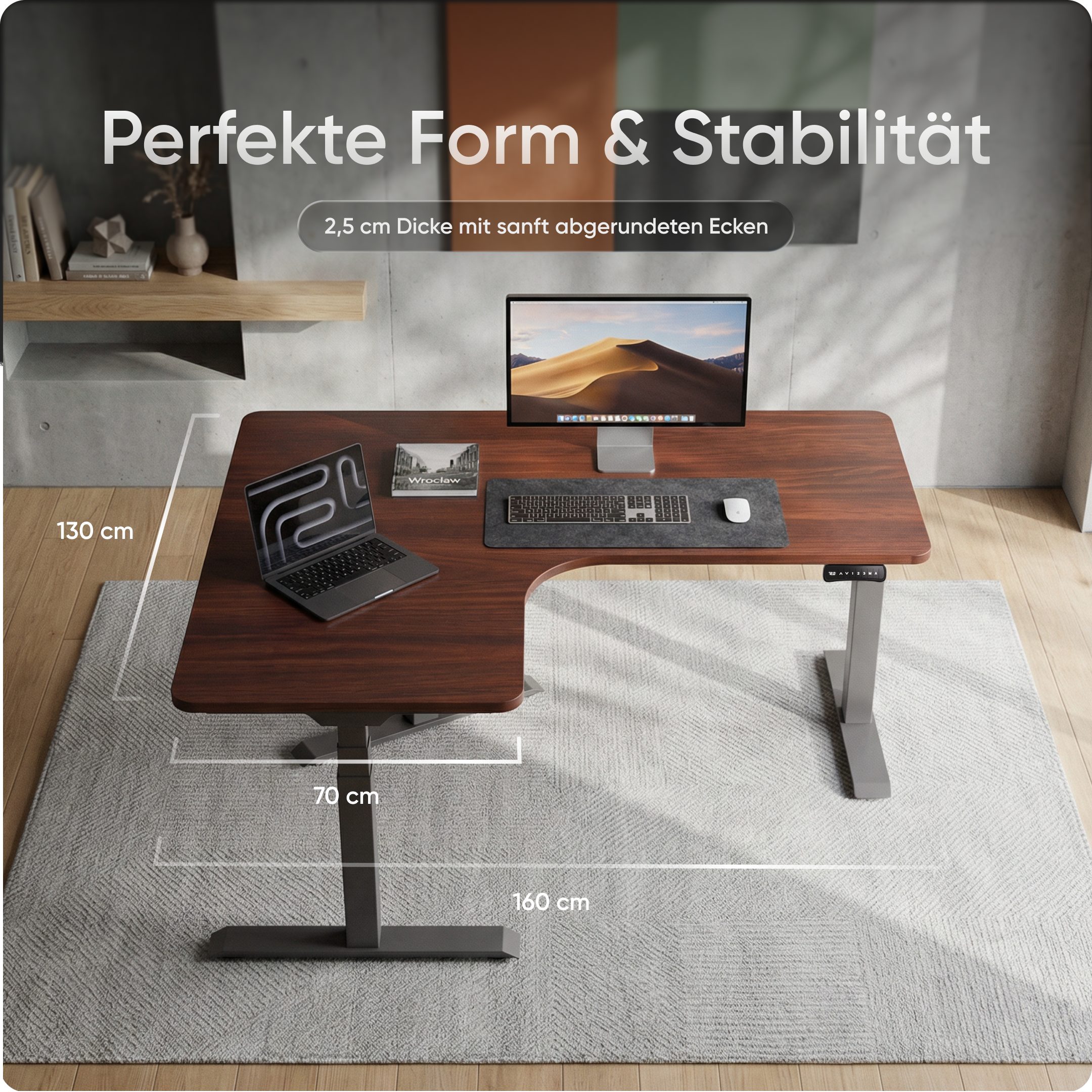 DESKSPACE Schreibtischplatte Eck Tischplatte 160x130x70cm massive Holzplatte für Schreibtisch