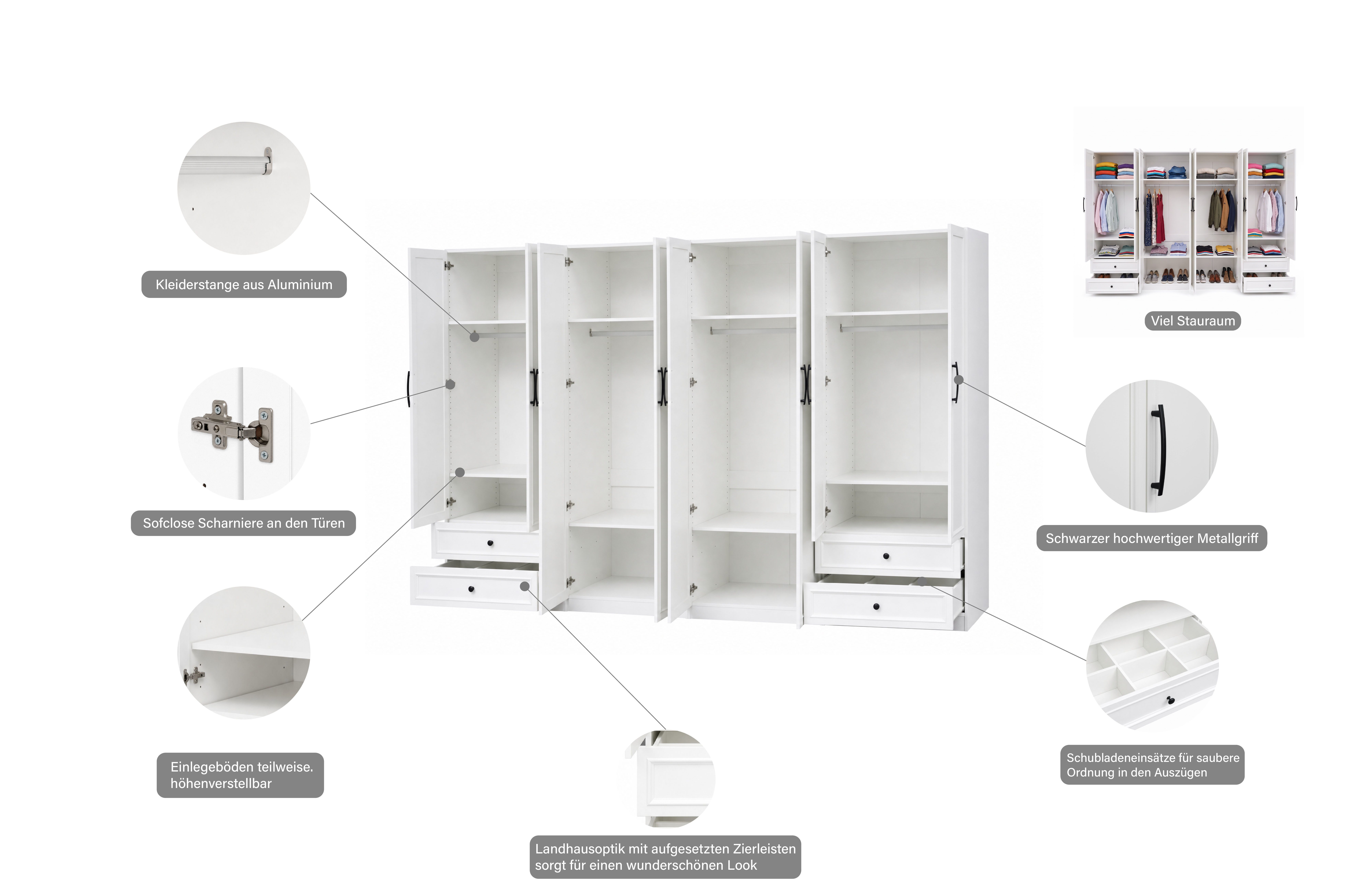 OTTO home Kleiderschrank Arrian 320 cm Weiß, 8-türiger Drehtürenschrank im Landhausstil (mit 4 Schubladen & Organizern, FSC Zertifiziert) XXL STAURAUM FÜR IHR Z – Bild 3 von 5
