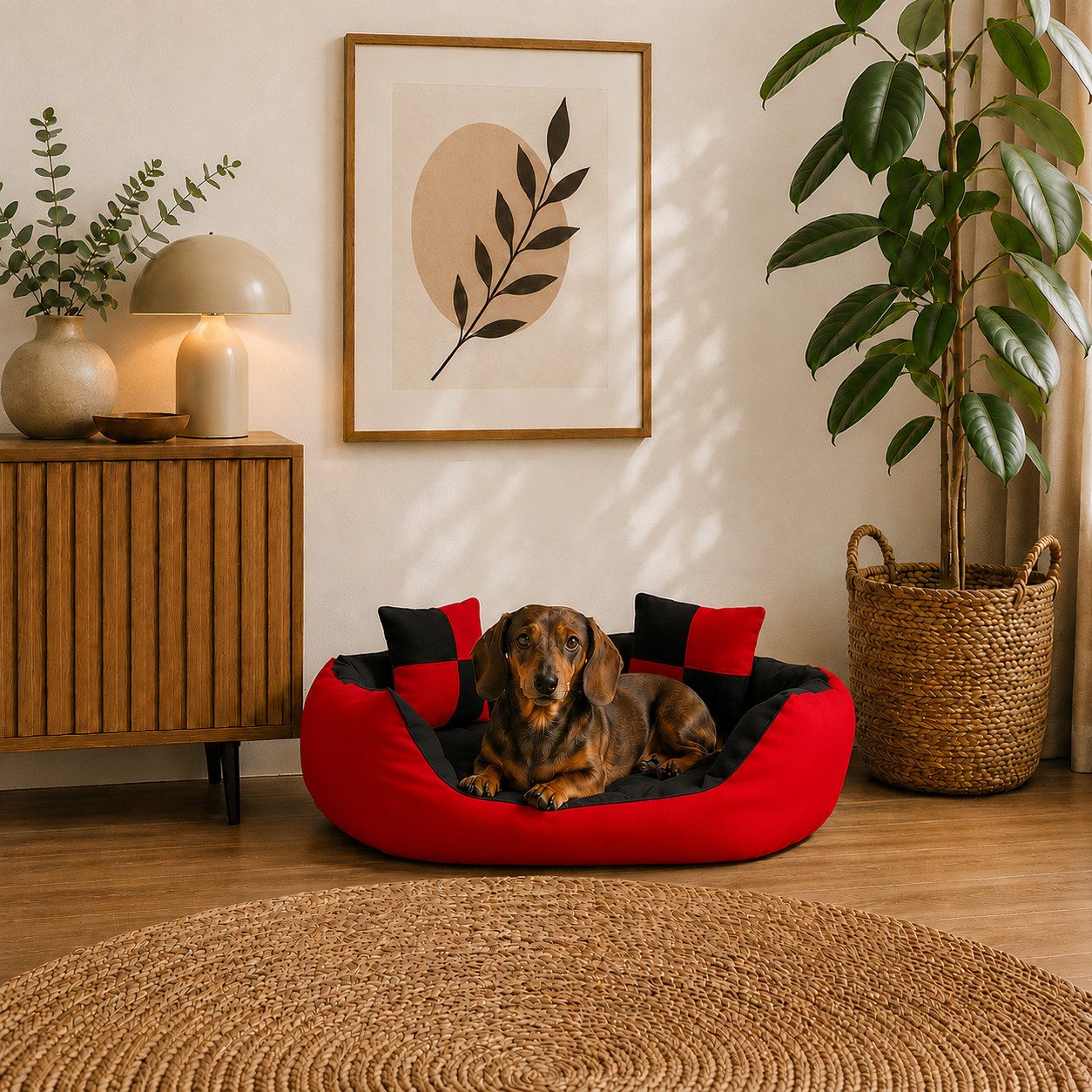 belviona Tierkissen, Hundekörbchen wasserabweisend, 65x50 cm, rot/schwarz, Oxford, Hundebett mit Wendekissen, tiefer Einstieg & 2 Spielkissen