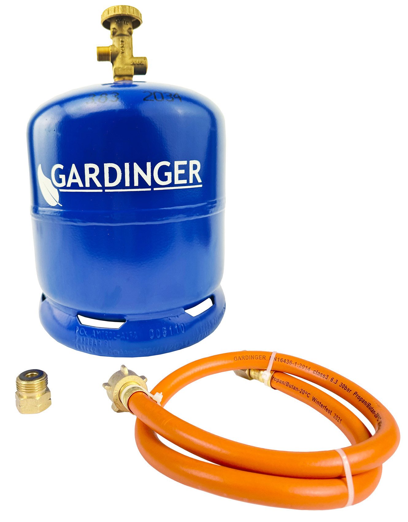 GARDINGER Gas Propangasflasche PROFILL907 2,5 kg leer mit Umfüllschlauch Adapter, Propangasflasche befüllbar, Sicherheitsventil