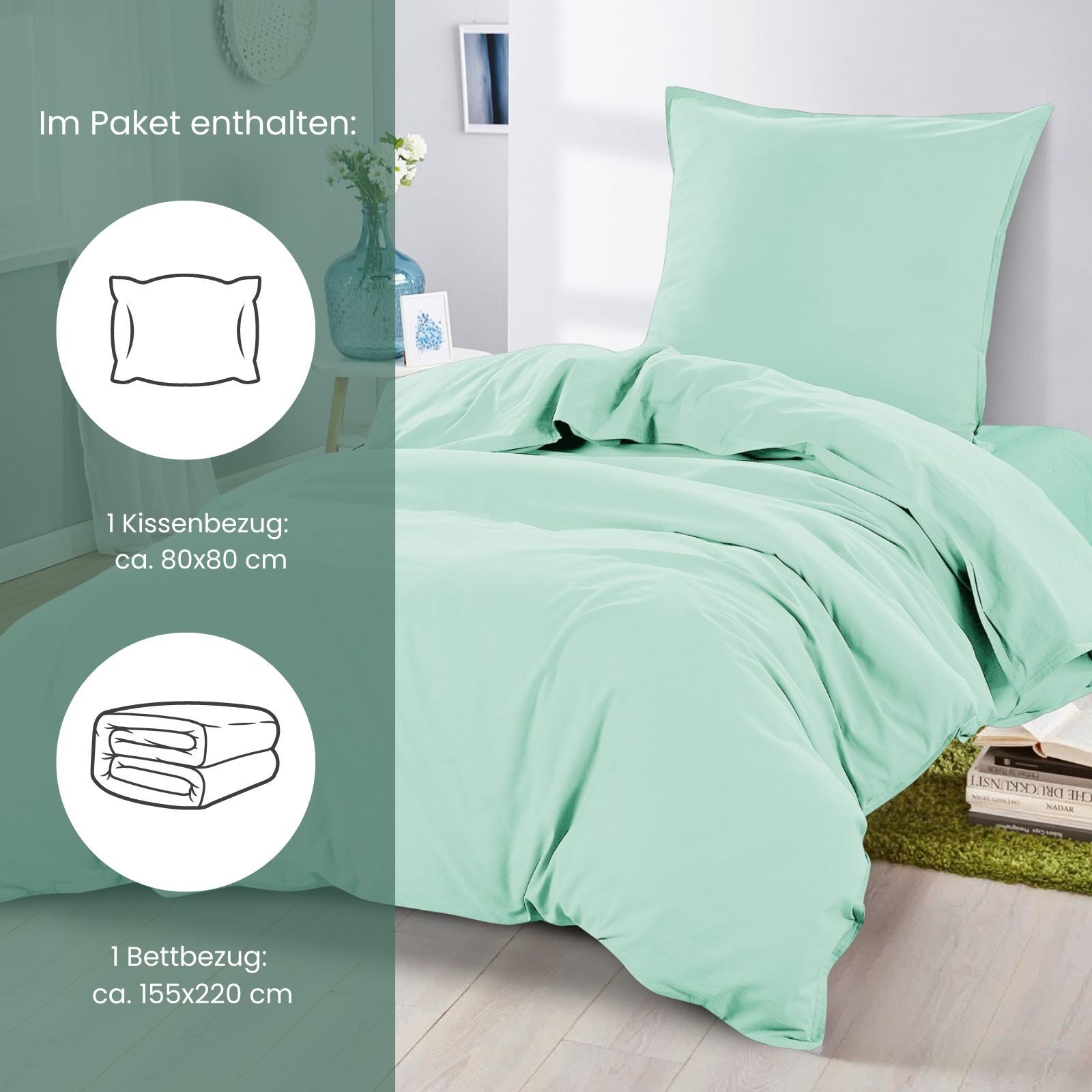 wometo Bettwäsche Stone Washed 155x220 Renforcé, Baumwolle, 2 teilig, OEKO-TEX®, 100% Baumwolle, Bettwäsche im Knitterlook mit Stehsaum – Bild 2 von 5