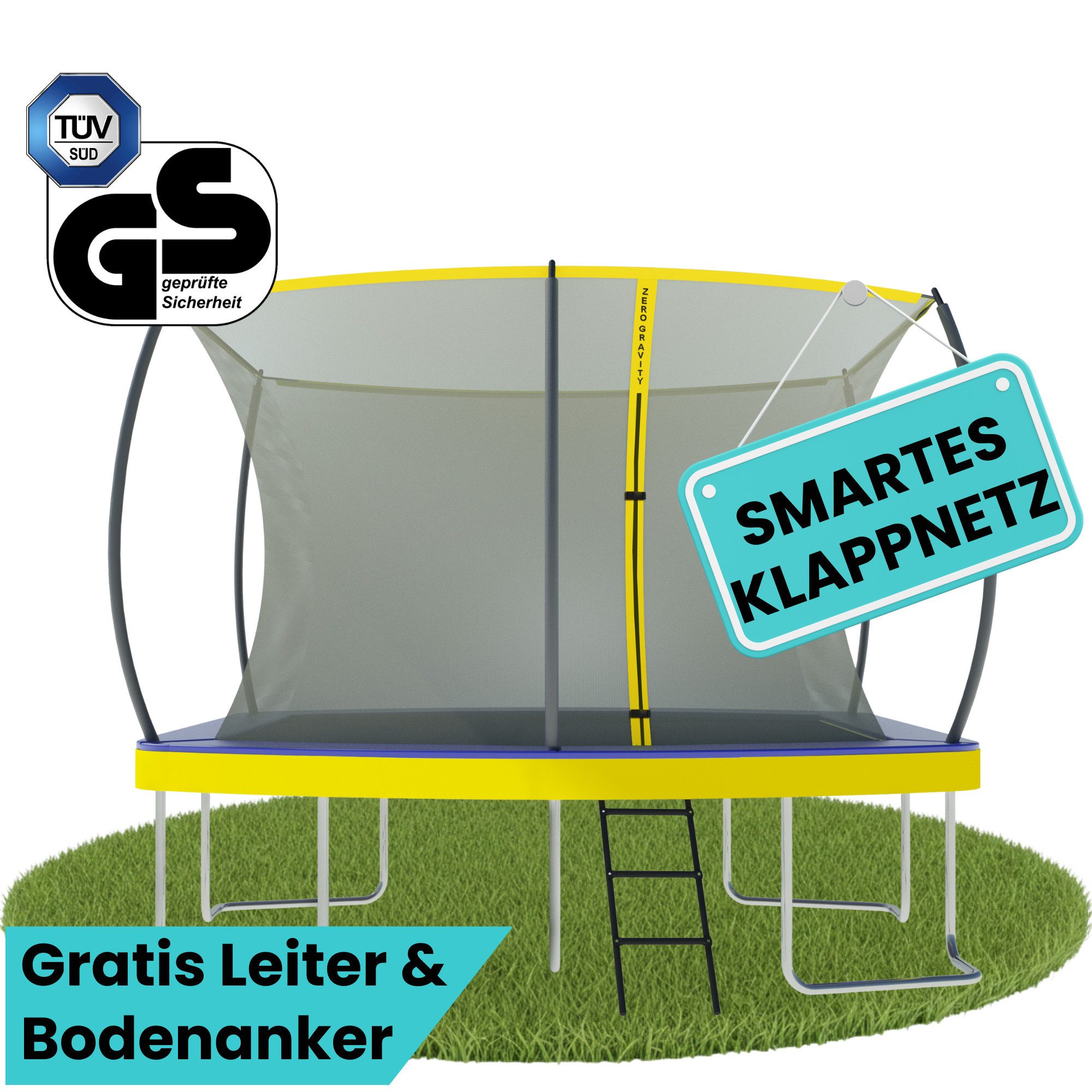 Zero Gravity Gartentrampolin Trampolin Outdoor oval/rechteckig, TÜV GS, 305x213, 366x244, 457x366, Trampolin Komplett-Set inkl. Leiter, Quick-Fold-Netzsystem