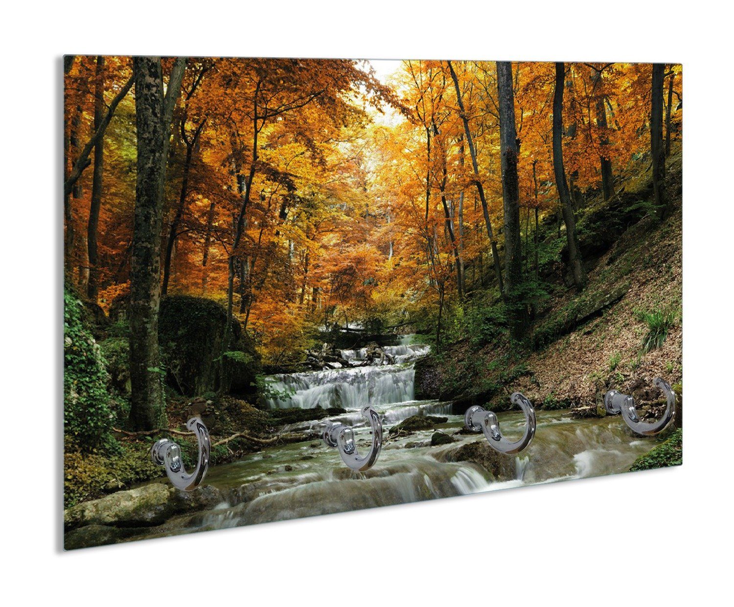 Wallario Handtuchhalter Kleiner Bach über Steine im Herbstwald, aus Glas mit 4 Metallhaken