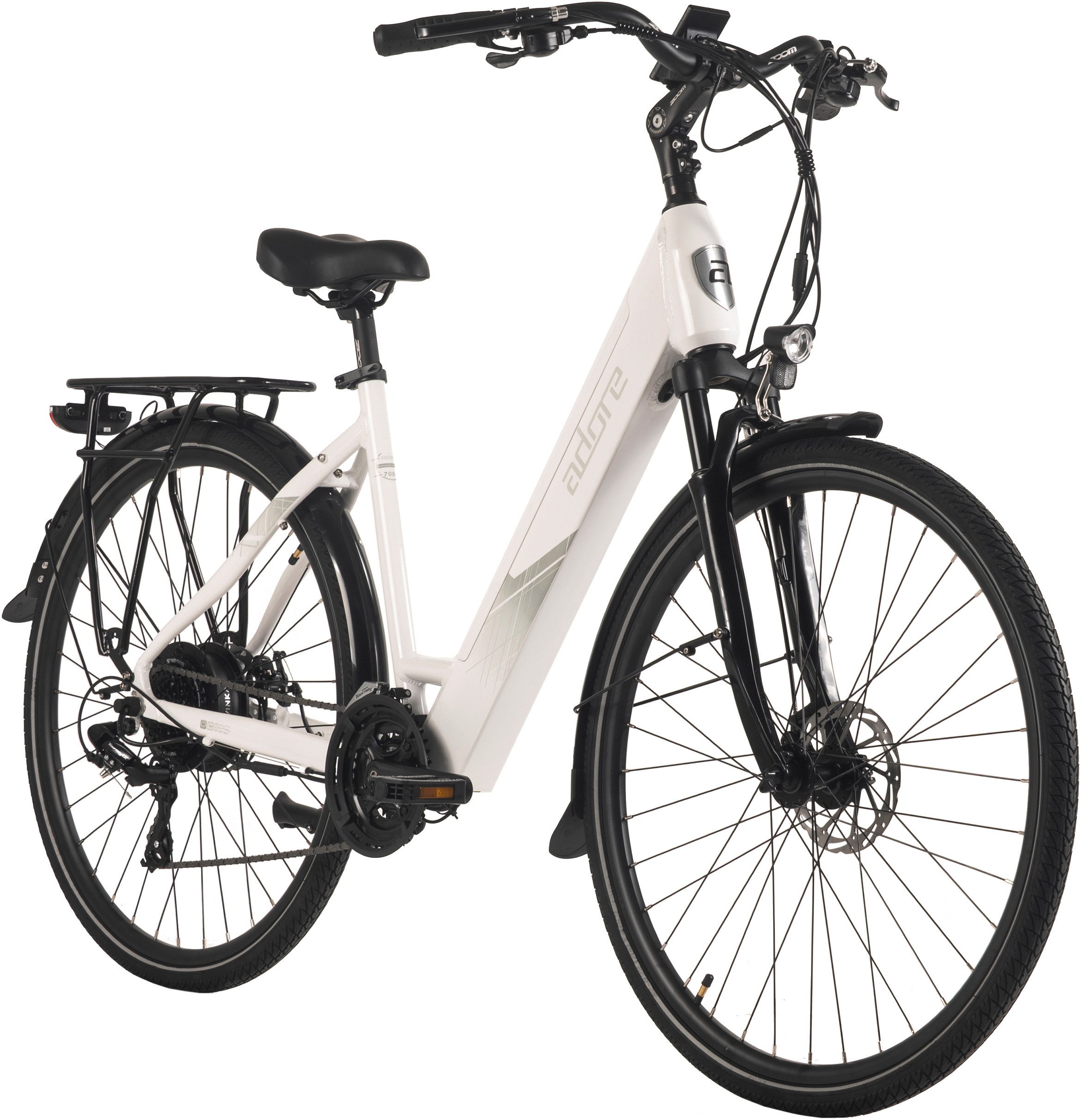 Adore E-Bike Trekkingrad 28" Alu Trekking E-Bike ATR-180 Heckmotor 50NM / 15Ah Glacier White, 24 Gang Shimano Tourney Schaltwerk, Kettenschaltung, Heckmotor, 540 Wh, Pedelec, Elektrofahrrad für Damen und Herren
