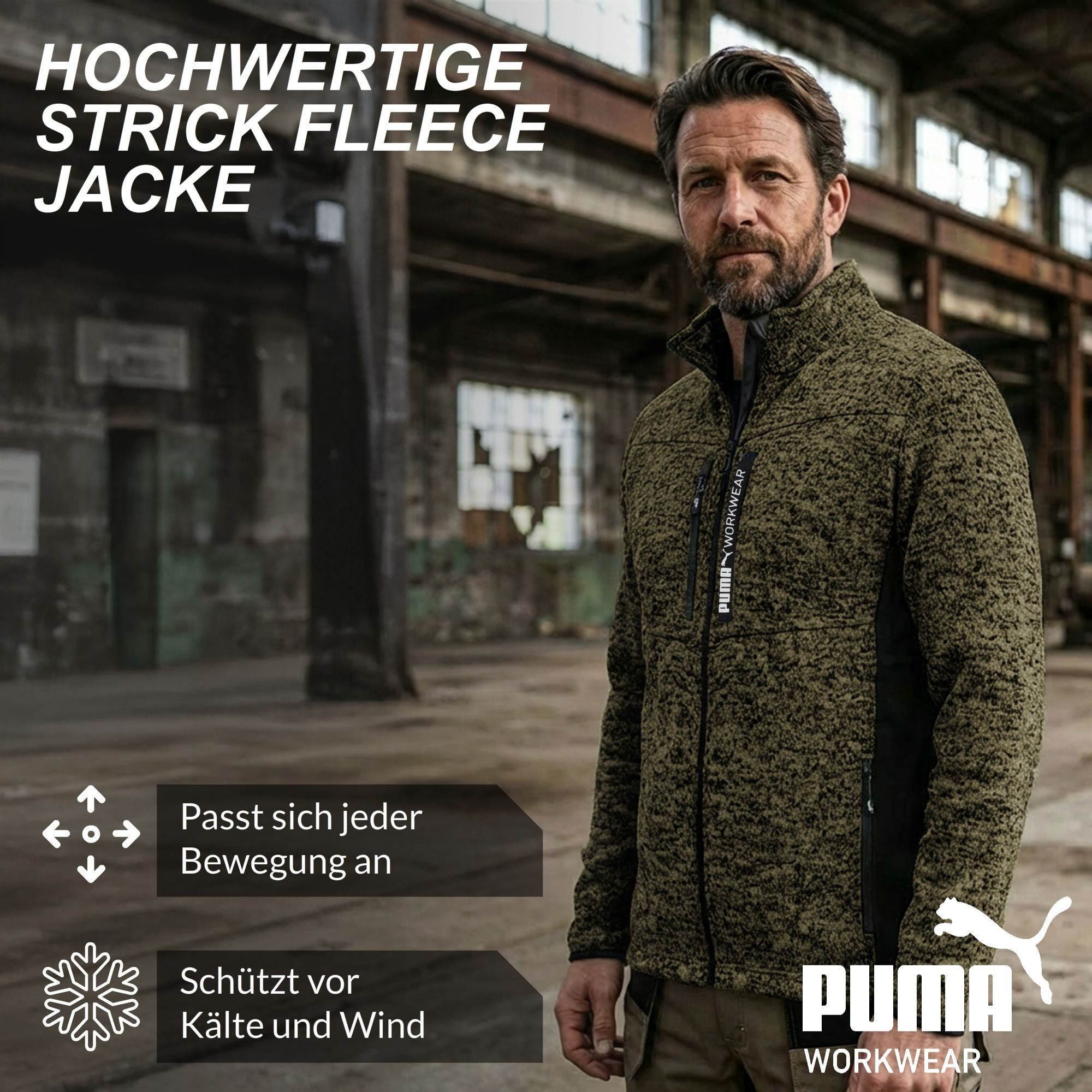 PUMA Workwear Fleecejacke Strickfleecejacke mit Stehkragen, verlängertes Rückenteil