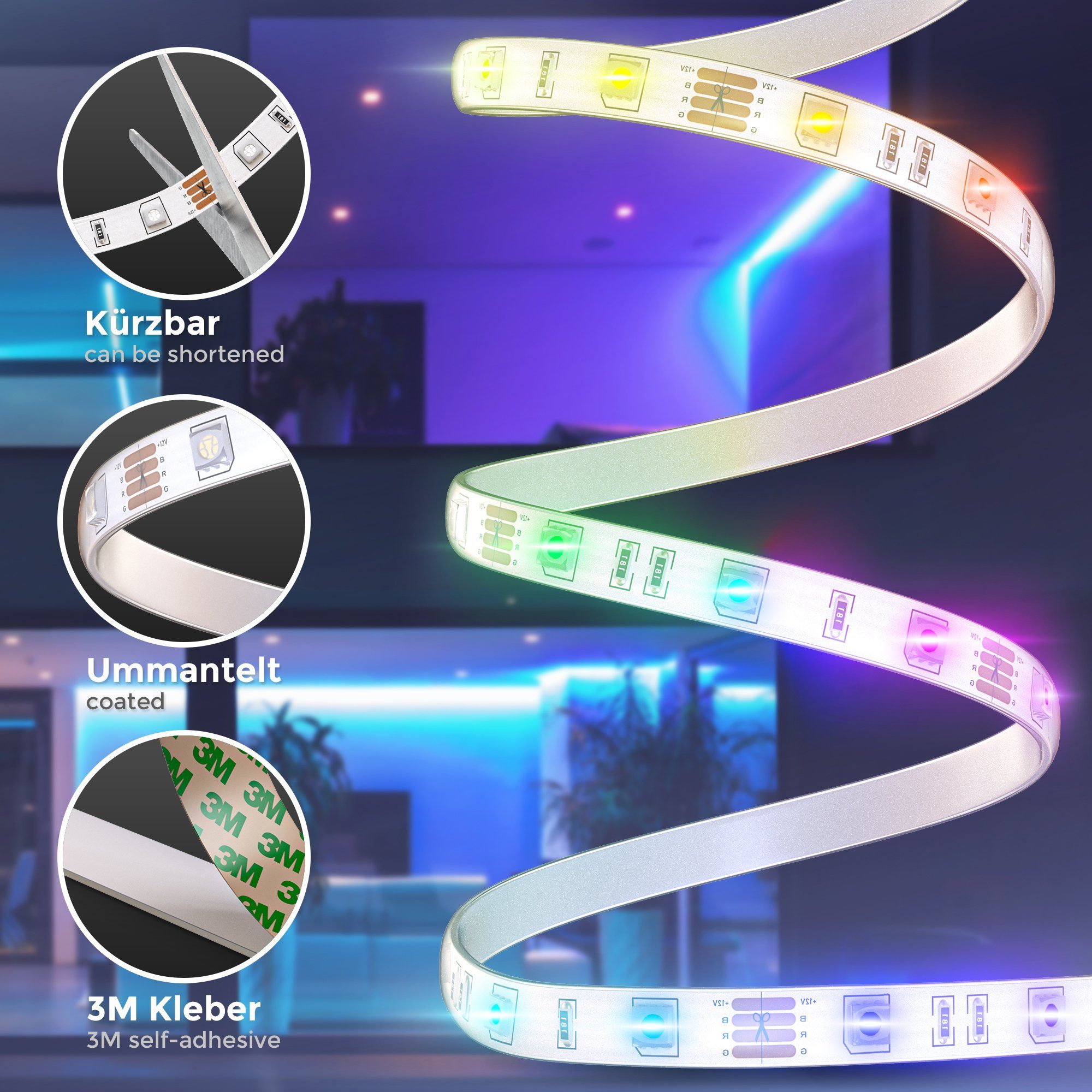 LED silikonbeschichtet, LED selbstklebend RGB, 3m, Band Stripe, Fernbedienung, B.K.Licht