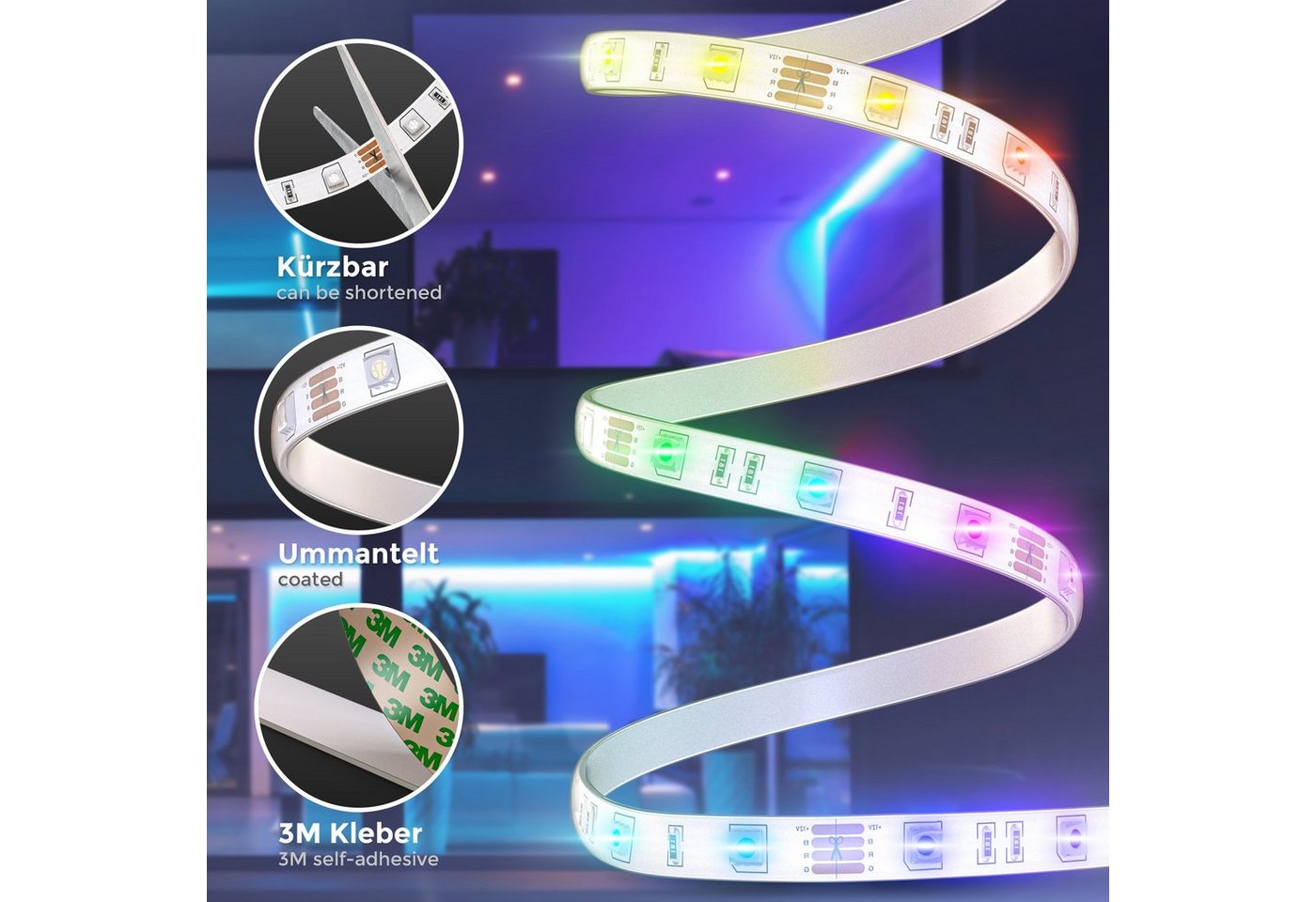 B.K.Licht LED Stripe, LED Band 3m, silikonbeschichtet, RGB, Fernbedienung, selbstklebend, Farbwechsel, kürzbar, Lichterkette, Band, Streifen, LED Leiste, LED Lichtleiste, Weiß-kaufen
