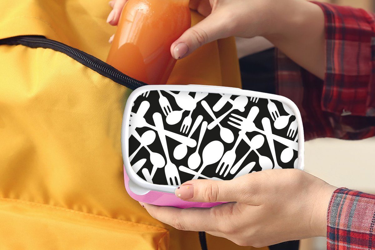 MuchoWow Lunchbox Besteck - - Brotdose (2-tlg), Mädchen, für Erwachsene, Snackbox, Muster Schwarz und Kinder, Brotbox rosa Weiß, Kunststoff, Kunststoff