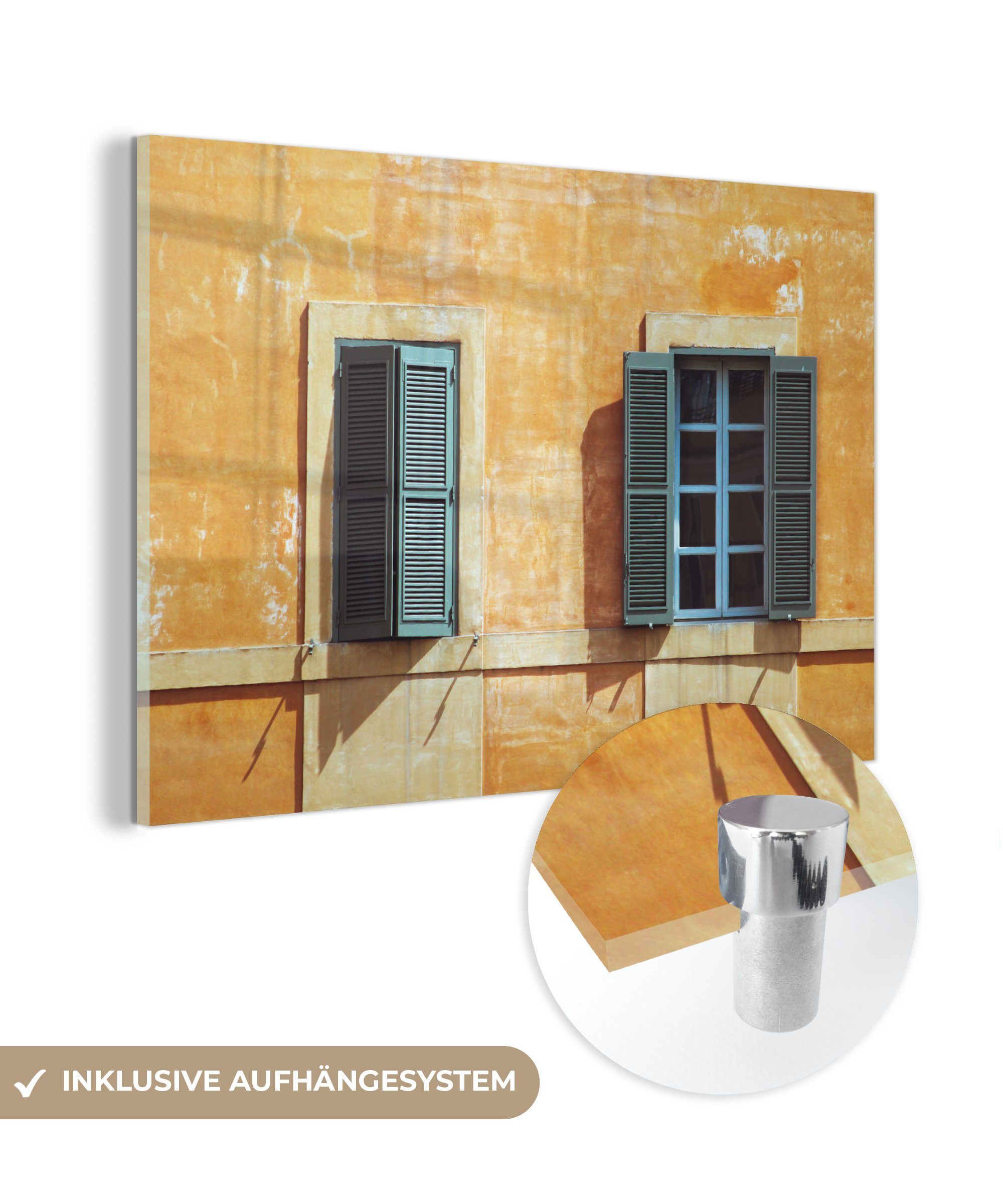 MuchoWow Acrylglasbild Zwei Fenster mit Fensterläden vor einer orangefarbenen Wand in Rom, (1 St), Acrylglasbilder Wohnzimmer & Schlafzimmer