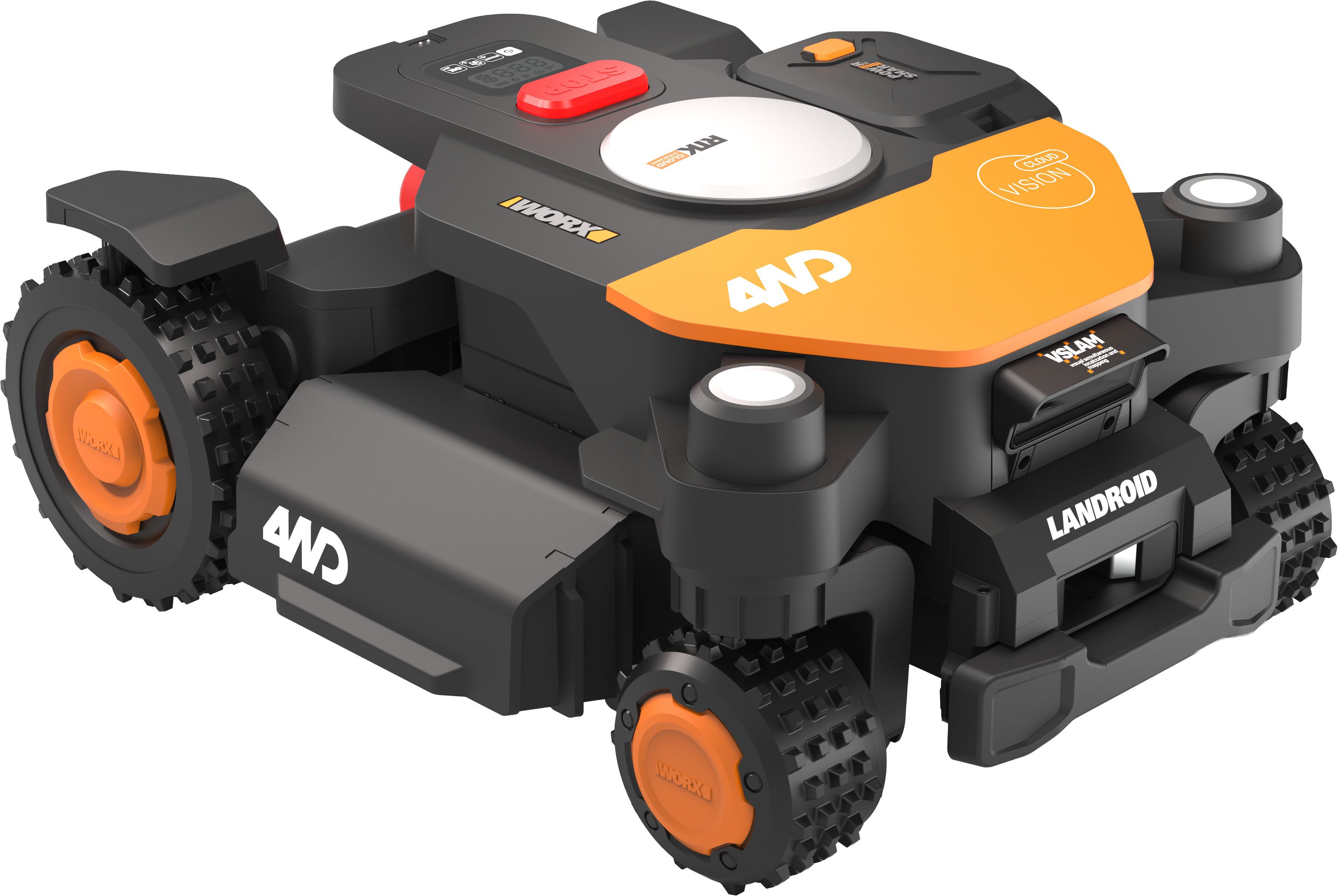 Worx Rasenmähroboter Landroid Vision Cloud WR340E 4WD ohne Begrenzungskabel, Auto-Mapping, bis 600 m² Rasenfläche, (KI-Hinderniserkennung, VSLAM+ RTK Cloud Navigation, 84 % Steigung), App-Steuerung