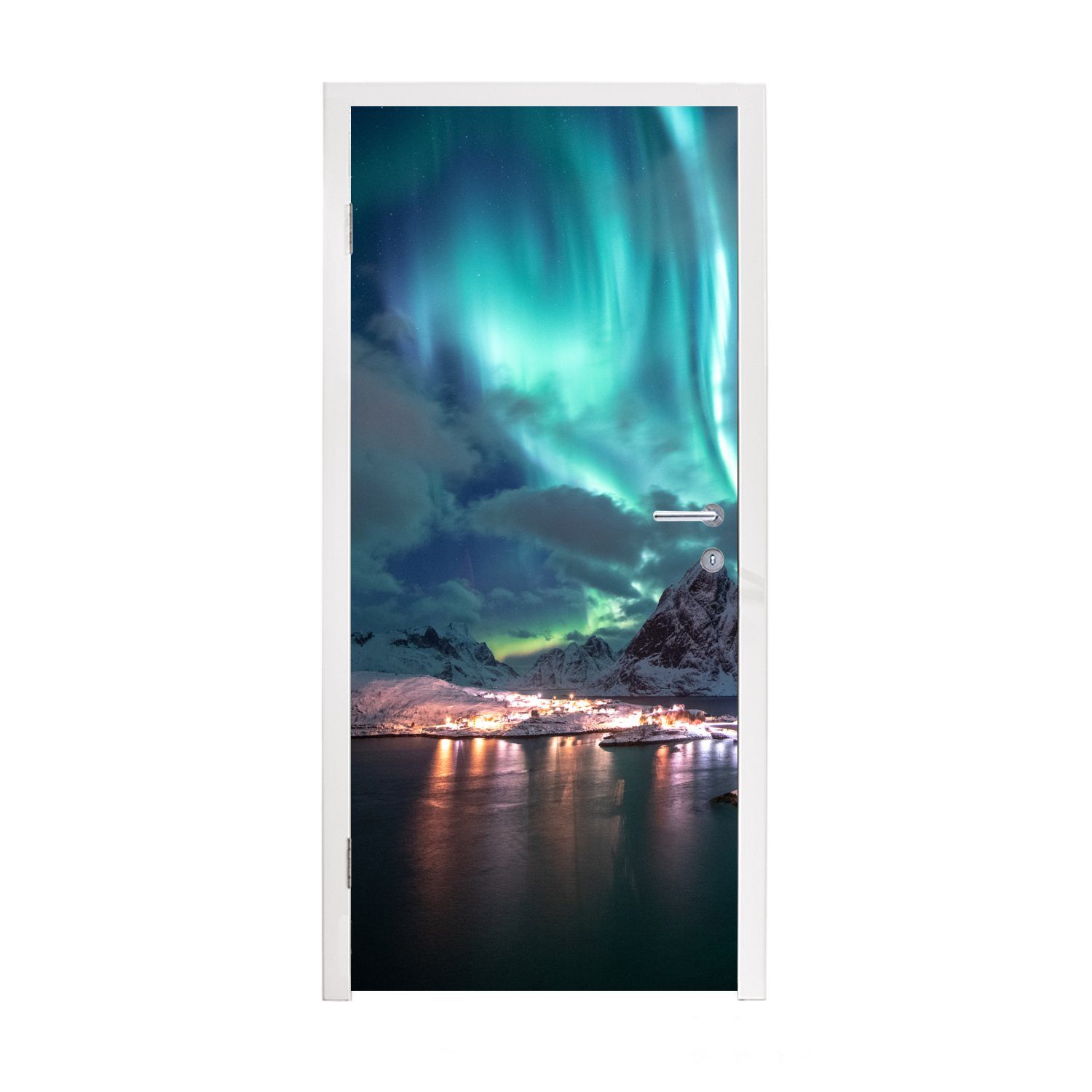 MuchoWow Türtapete Aurora - Norwegen - Berg, Matt, bedruckt, (1 St), Fototapete für Tür, Türaufkleber, 75x205 cm