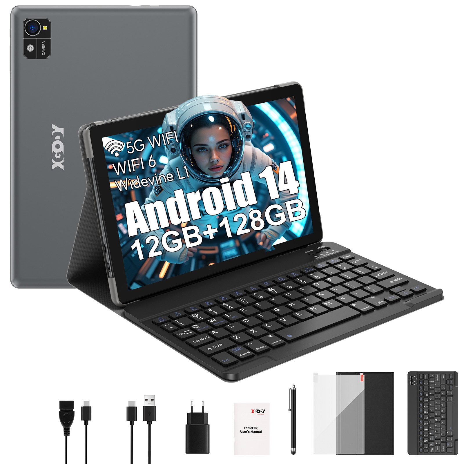 XGODY 2,4G/5G WLAN 2,0 GHz, 12 GB RAM 7000 mAh Akku Tablet (10.1", 128 GB, Android 14, Vielseitiges Gerät für Arbeit, Unterhaltung und mobiles Surfen)