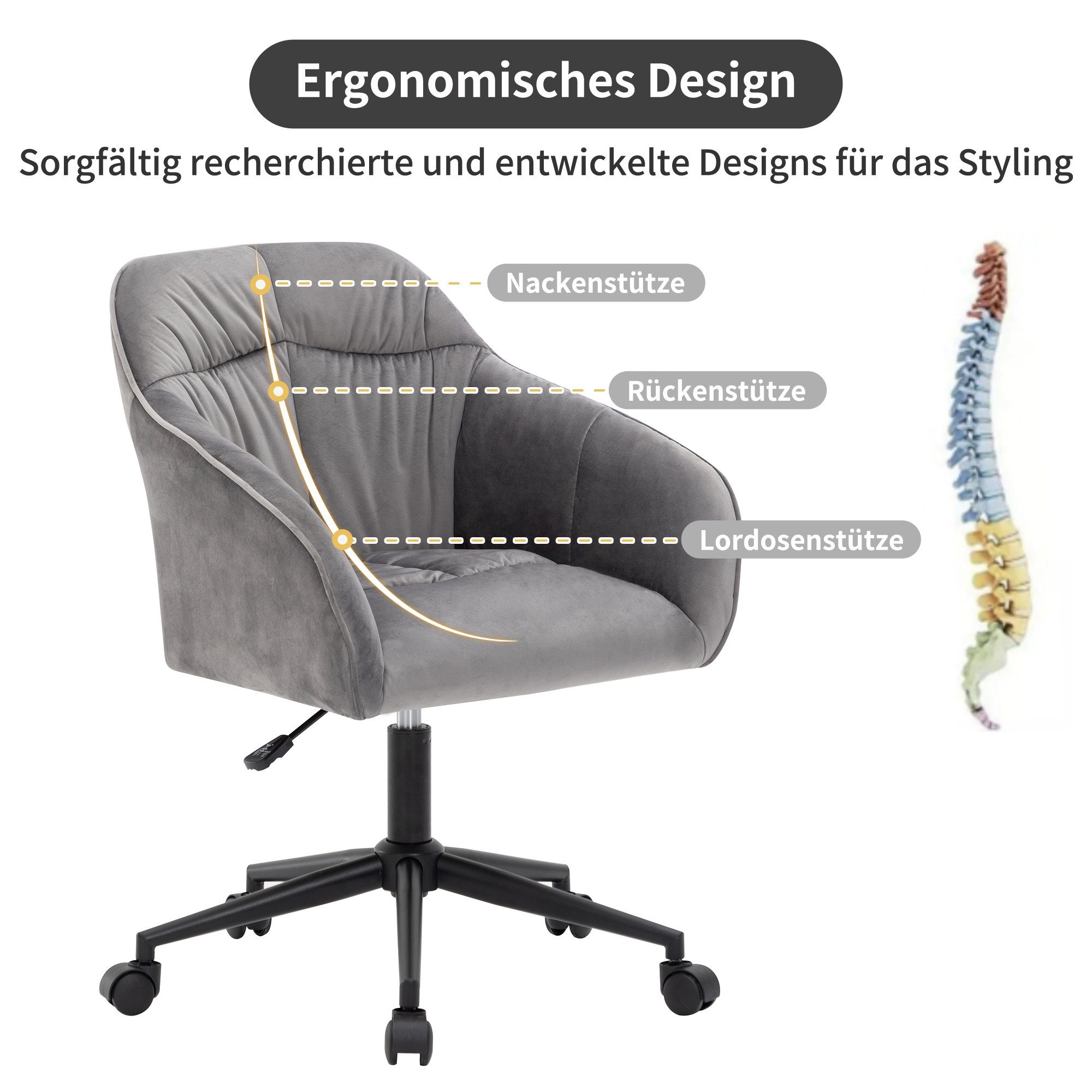 Flieks Bürostuhl (1 | schwarz mit Armlehnen höhenverstellbar Grau Drehstuhl Samt St), Schreibtischstuhl