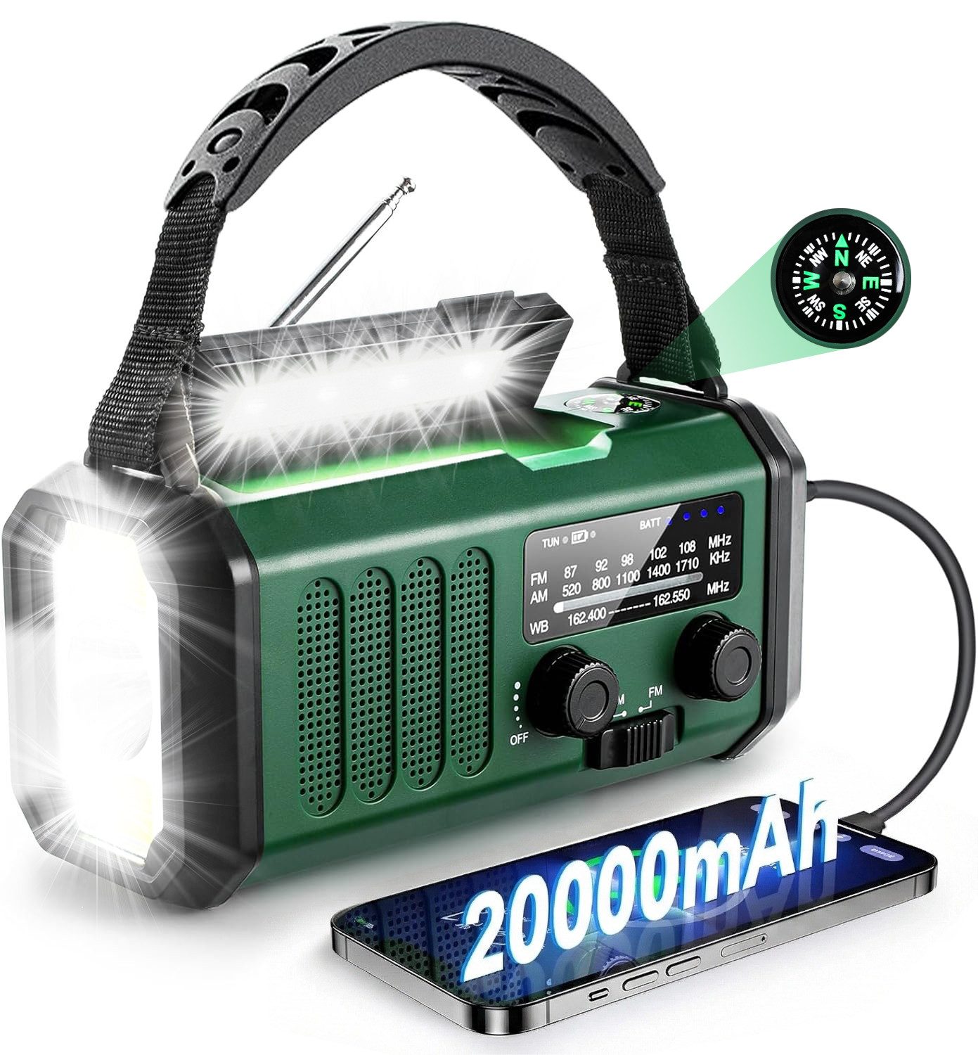 SWGOTA 20000mAh Solar Notfallradio mit AM/FM Geeignet,Camping/Wandern/Outdoo Notfallradio (automatischerFrequenzregelung(AM/FM),NOAA Empfang, 14 W, Tragbare Kurbelradio,14W LED Taschenlampe-Leselicht/SOS-Alarm/Kompass)