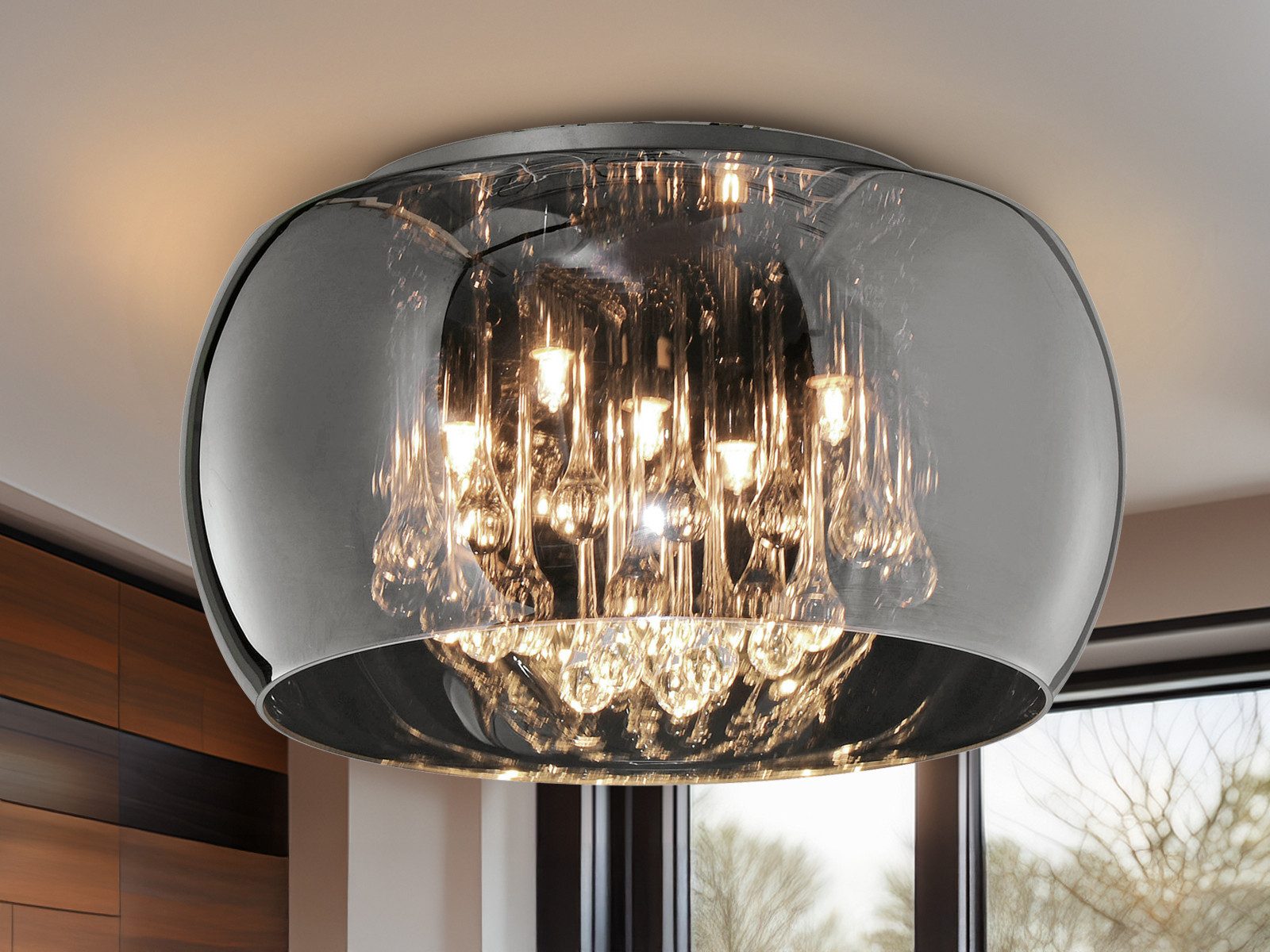 TRIO Leuchten LED Deckenleuchte, LED wechselbar, Warmweiß, Luxuslampen Lampenschirm Rauch-glas Kristall übern Esstisch, Ø40cm