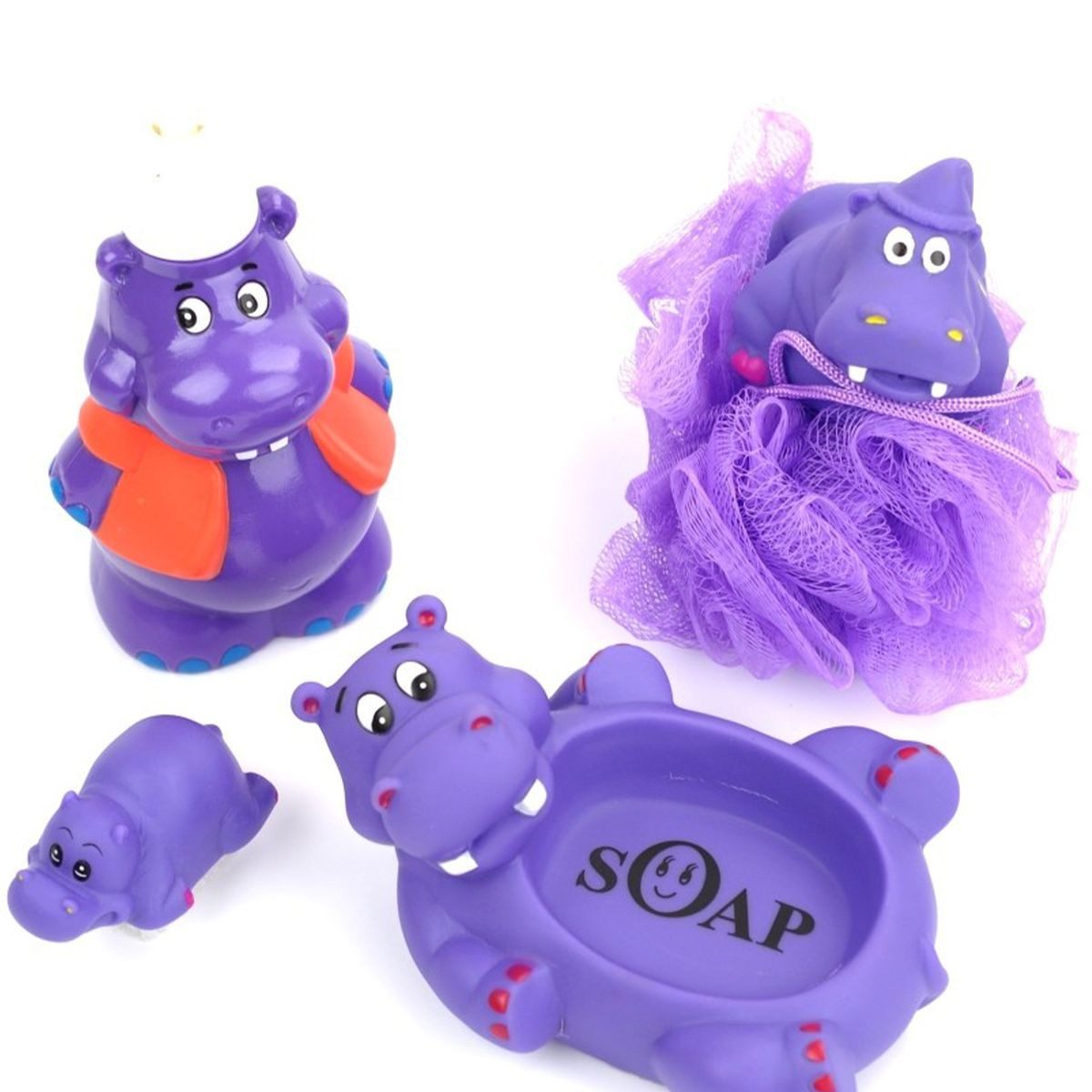 Badaccessoire-Set Lila Nilpferde als Seifenablage & -spender sowie Bürste 4 Badefiguren, 4 tlg., niedliche Komplettausstattung