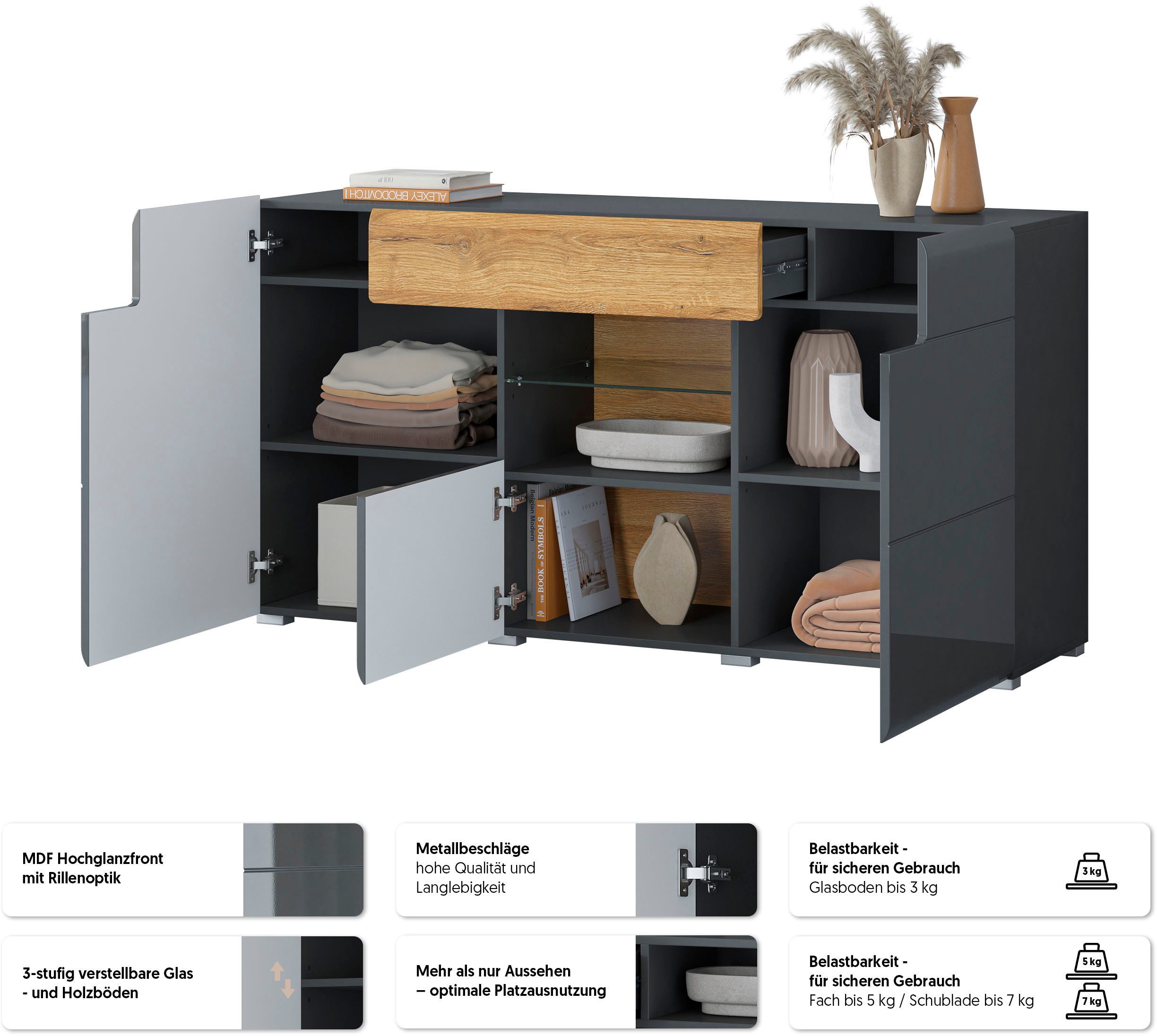 OTTO home Sideboard Toledo,Breite 159cm,moderne Anrichte mit dekorative Fräsungen,grifflos, Kommode viel Stauraum, Einlegeböden verstellbar,ohne Beleuchtung