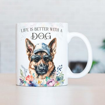 Cadouri Tasse SCHÄFERHUND - Kaffeetasse für Hundefreunde, Keramik, mit Hunderasse, beidseitig bedruckt, handgefertigt, Geschenk, 330 ml