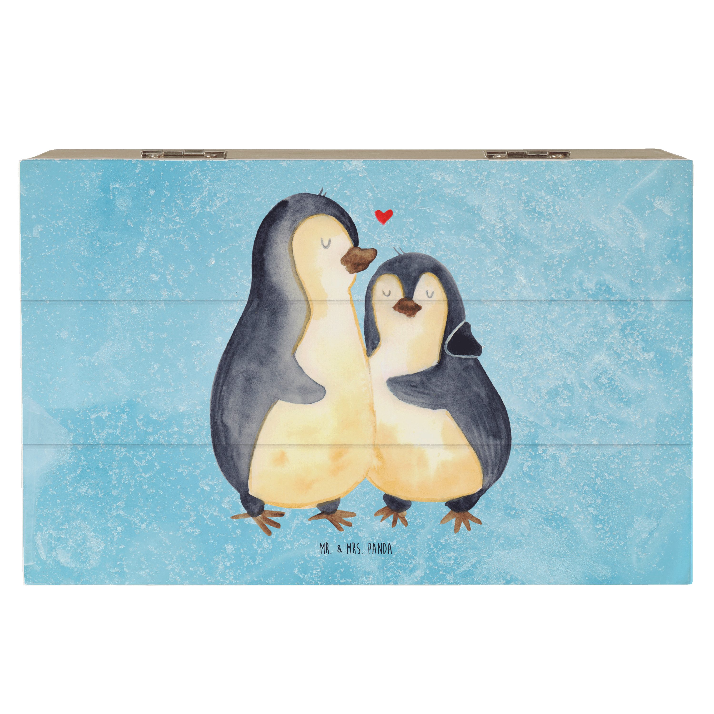 Mr. & Mrs. Panda Dekokiste Pinguin umarmen, Schmuckkästchen, Eisblau, Holzkisten, Liebe, Aufbewa (Packung, 1 St)