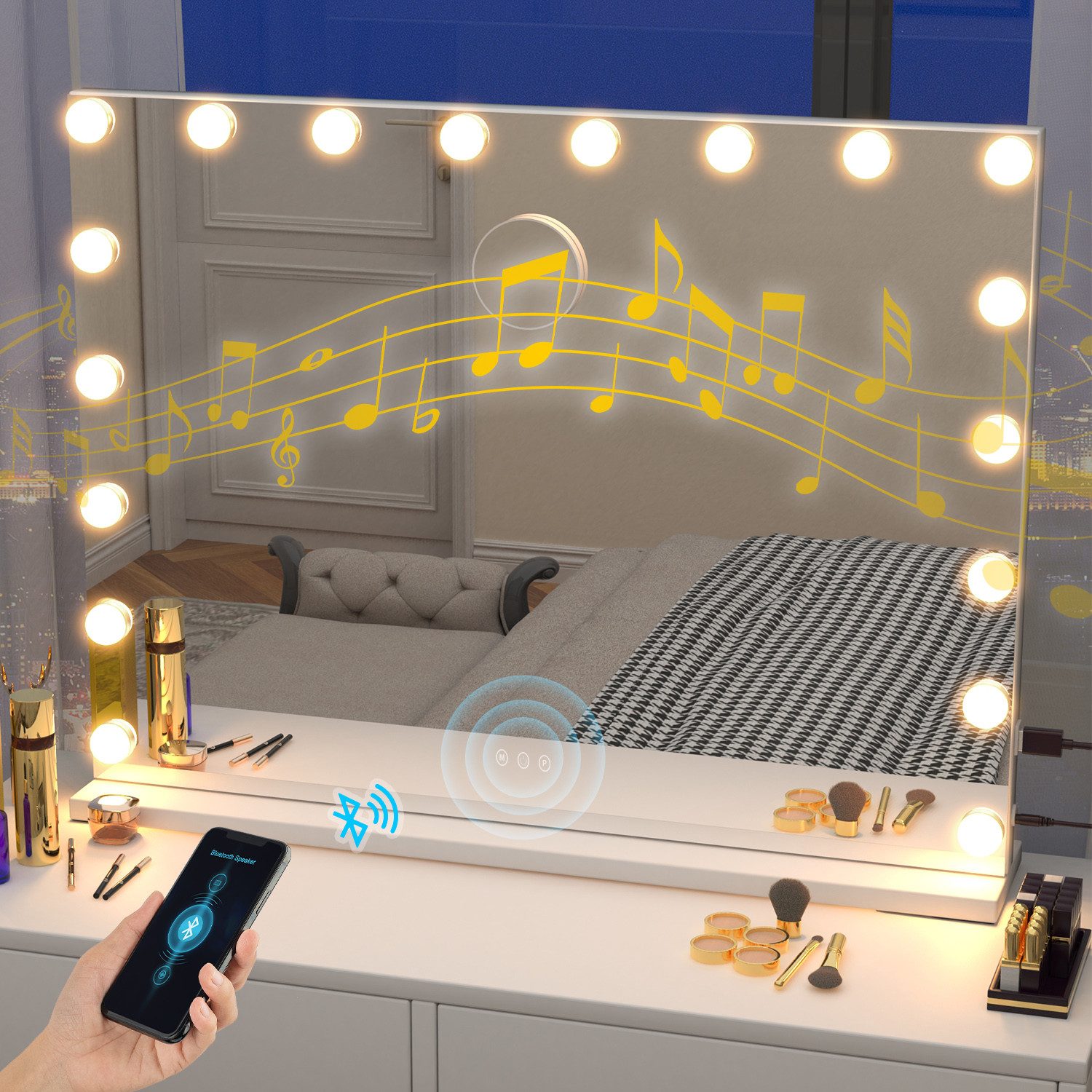 Schminkspiegel Hollywood Kosmetikspiegel mit 15/18 LEDs und Bluetooth-Lautsprecher