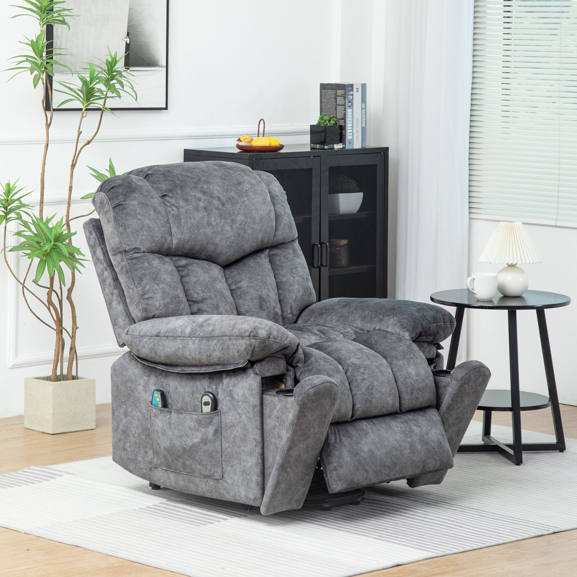【Öffnung】 Merax TV-Sessel mit Vibraiton, Relaxsessel Grau und Wärme relaxfunktion, mit Massagesessel Aufstehhilfe Fernsehsessel Elektrisch Liegefunktion, und