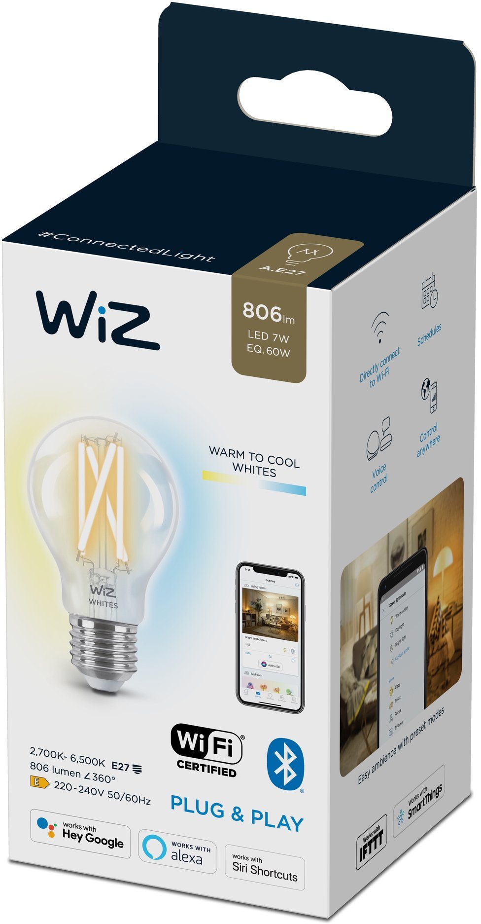 WiZ LED-Filament Filament 60W E27 E27, LED Wiz Vintage-Design White Tunable Lampen Filament 1 St., Warmweiß, für Einzelpack, Clear klassisches Standardform