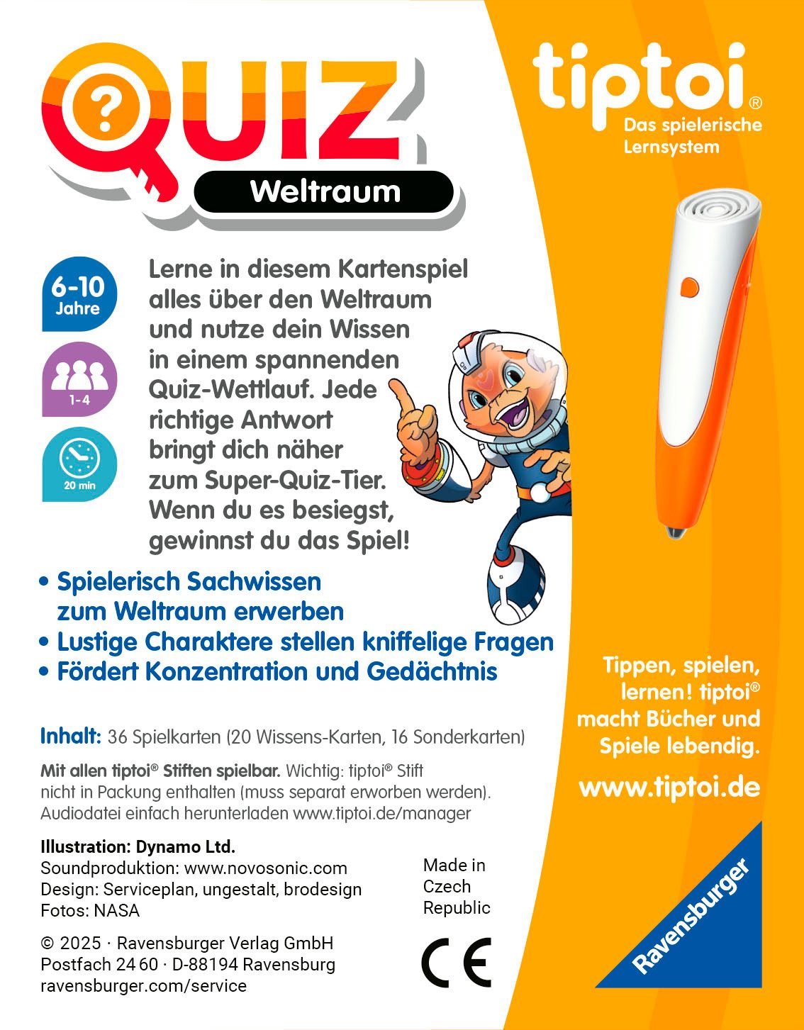 Ravensburger Spiel tiptoi® Quiz Weltraum, Reisespiel, Made in Europe