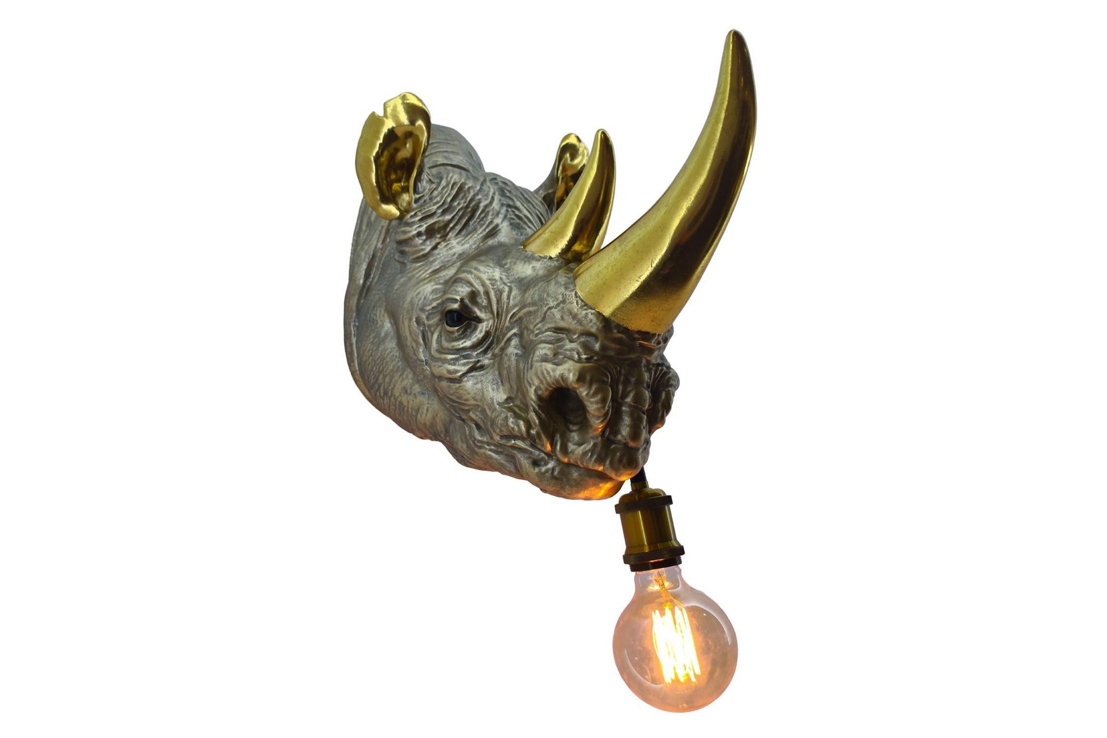 Licht-Erlebnisse Wandleuchte BJARNE, ohne Leuchtmittel, H: 39cm Polyresin künstlich Nashorn Trophäe in Gold Handarbeit für E27