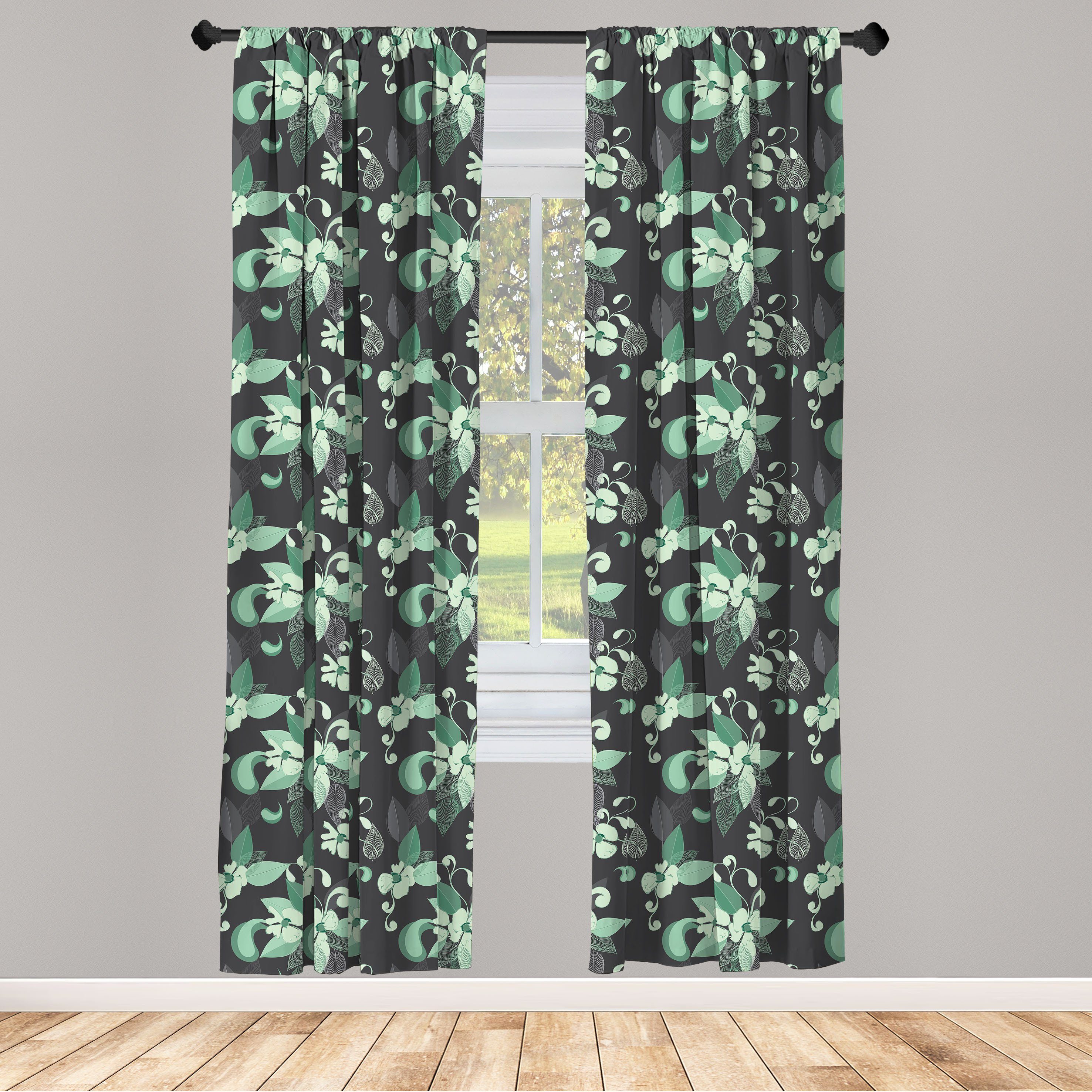 Gardine Vorhang für Wohnzimmer Schlafzimmer Dekor, Abakuhaus, Microfaser, Grau und Grün nostalgische Blumen