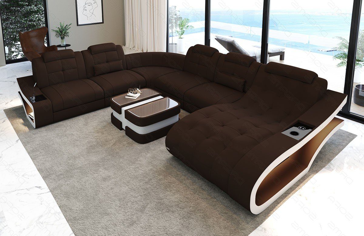 XXL Polster Sofa M Stoffsofa dunkelbraun-weiß Sofa Bettfunktion wahlweise Stoff Form Couch, mit Wohnlandschaft Elegante Dreams