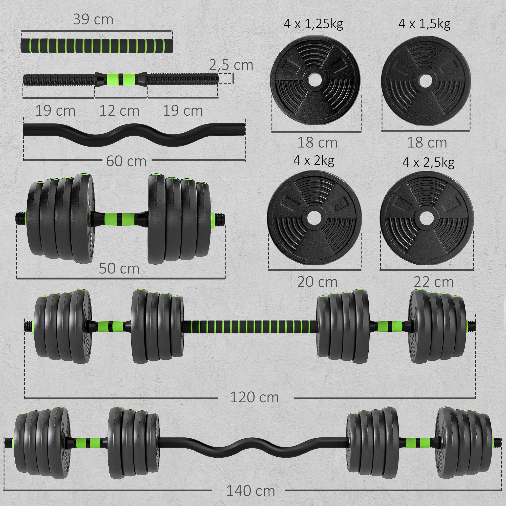 SPORTNOW Hantel-Set Kurzhanteln Langhanteln 3-in-1 verstellbar 30 KG, (Hantelset, Kurzhantel Set), für Krafttraining Zuhause Fitnessstudio